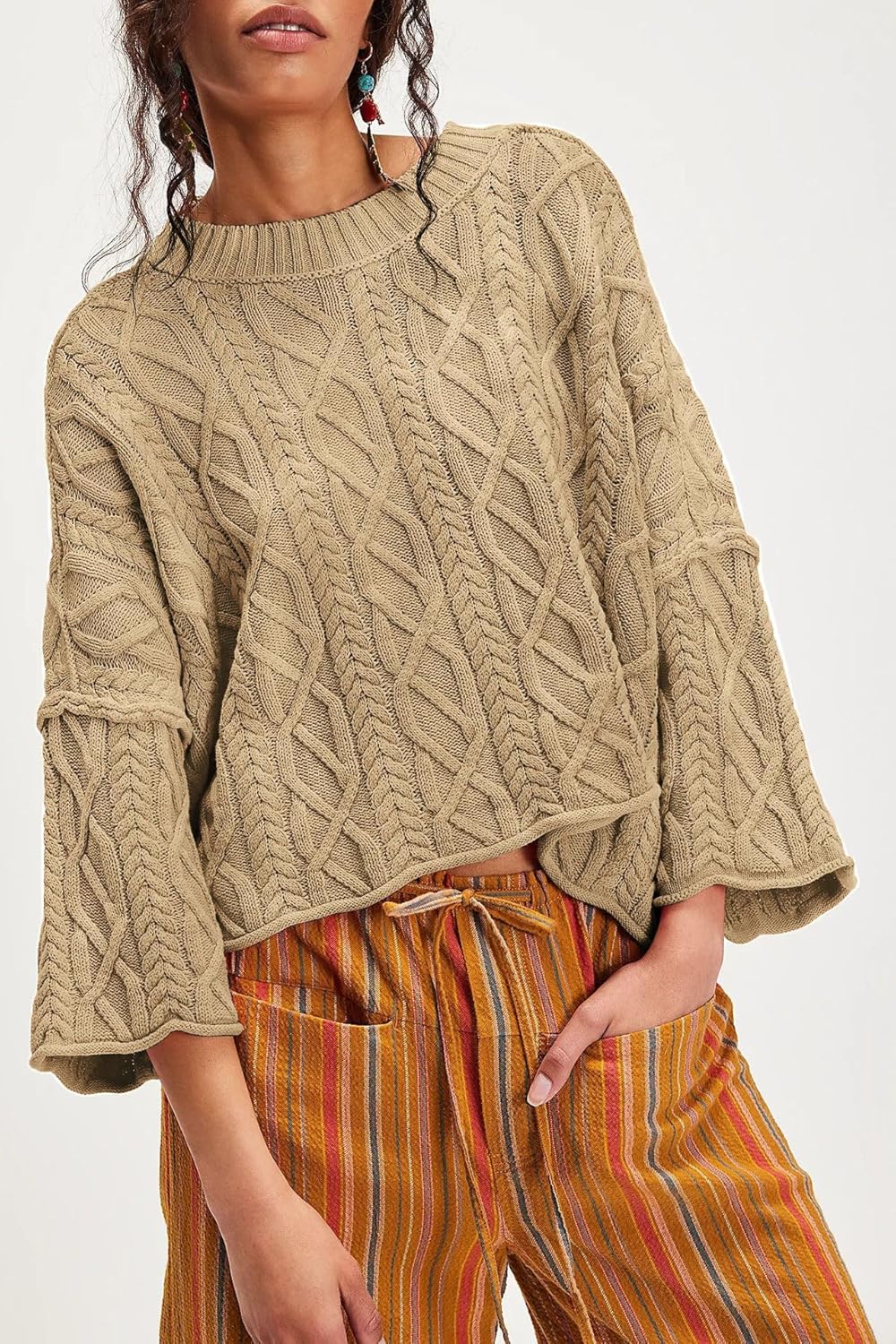 yoeasy Womens Cropped Sweaters Oversized Cable Knit Crewneck Long Sleeve Pullover Trendy Casual Loose Sweater Tops - Image 2