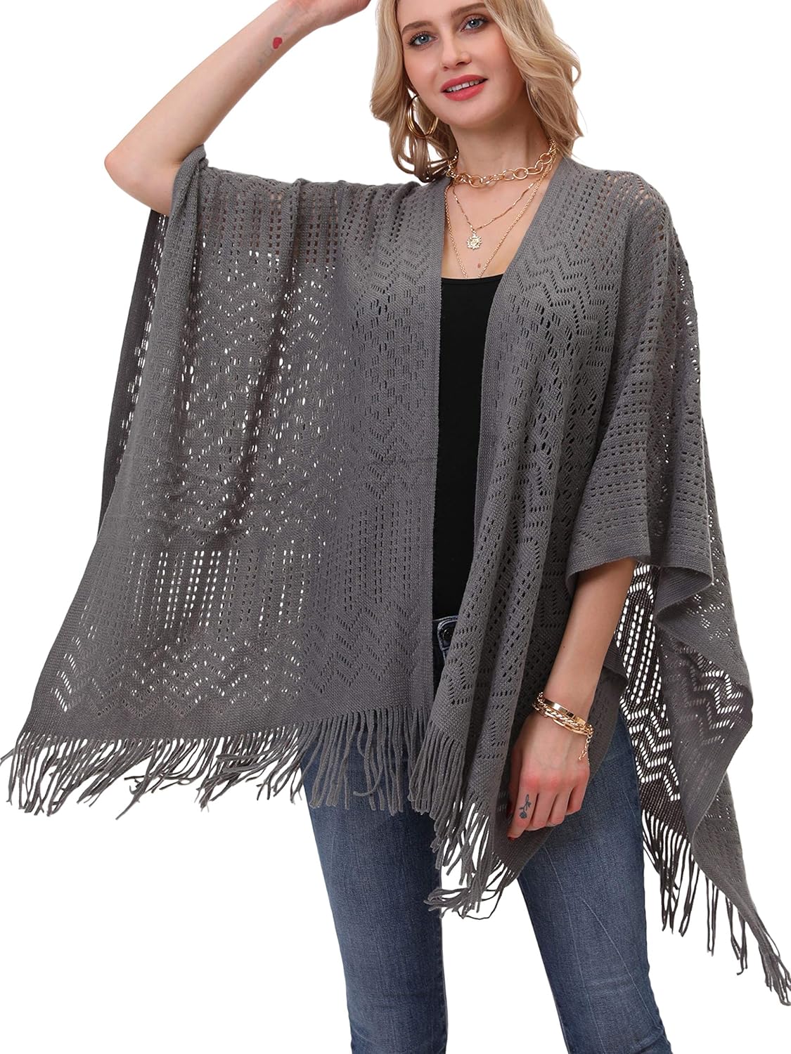 Knit Shawl Wrap for Women - Soul Young Ladies Fringe Knitted Poncho Cardigan Cape - Image 4