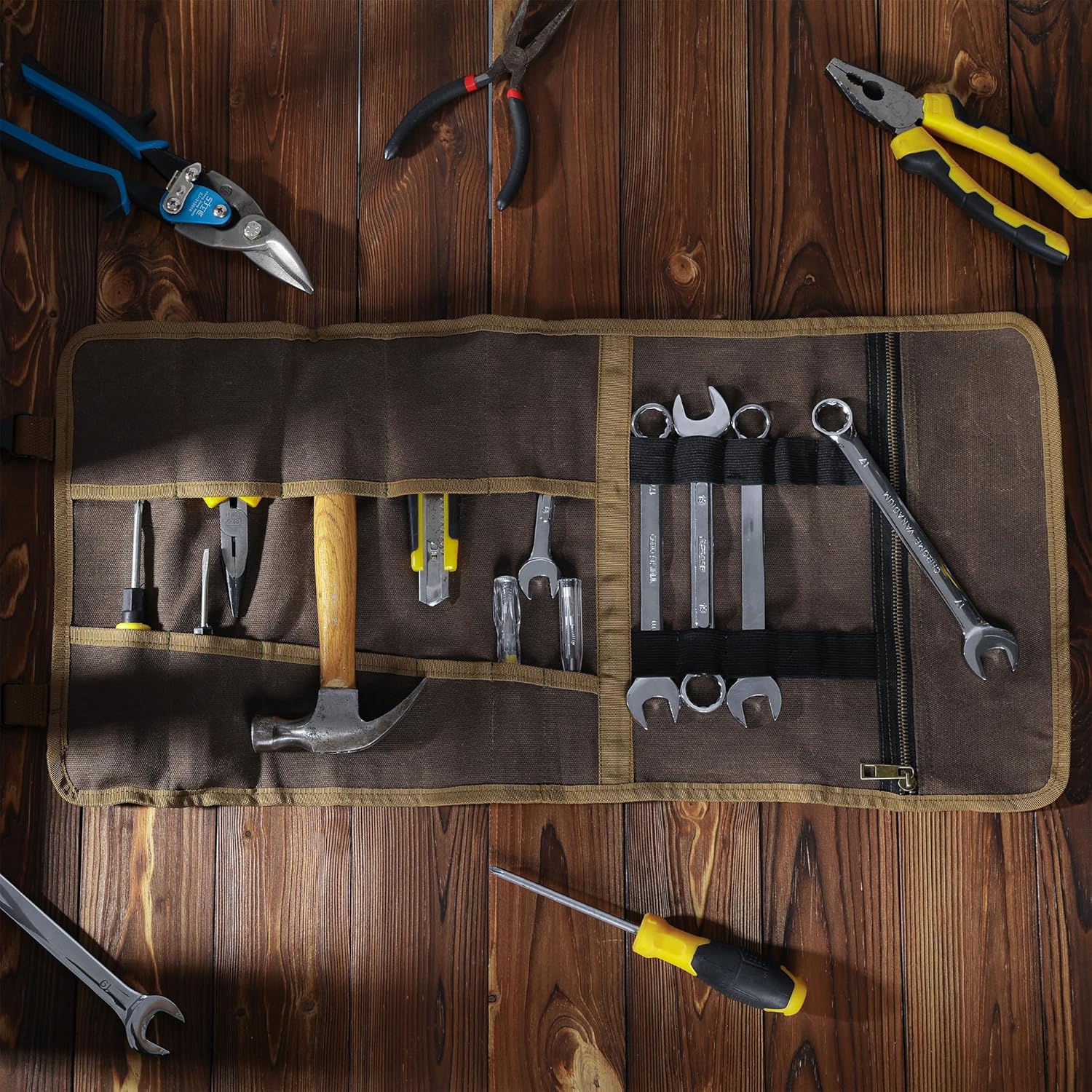 Canvas Tool Roll | Portable 12 Pocket Tool Storage Case, 16OZ Waxed Canvas Tool Wrench Roll Up Bag - with 10 Elastic Band Slots & 1 Smooth Zippered Pocket | Grey | 24.5"L x 11.5"W