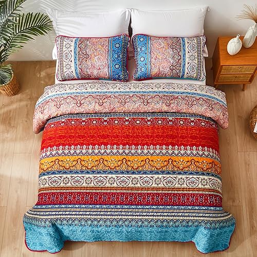 Vista 90 de WONGS BEDDING Juego de edredón bohemio tamaño Queen Aqua, juego de colcha de 3 piezas a rayas, de microfibra ligera y suave bohemia para todas