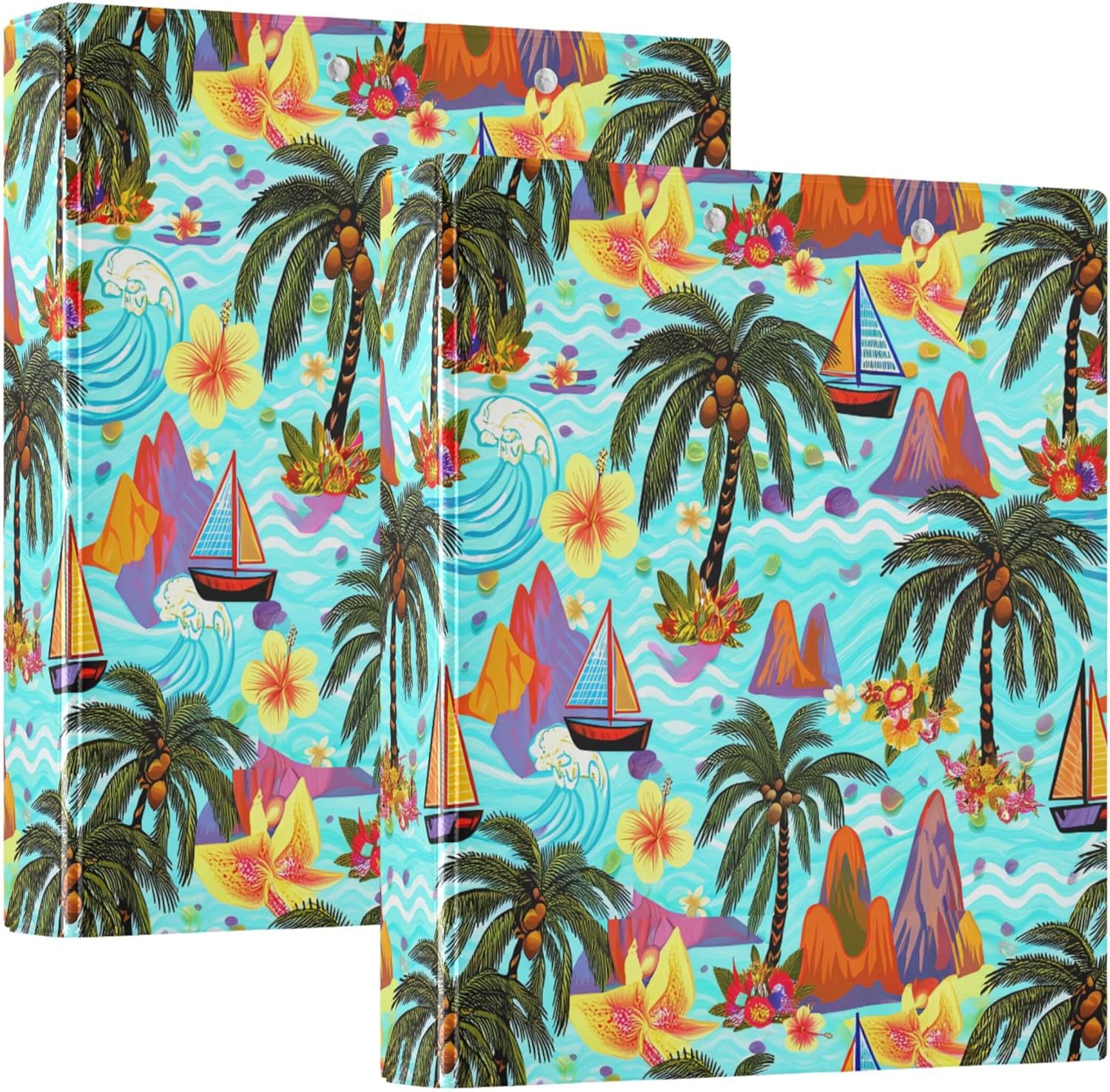 Tropical Palm Trees & Sailboat 3 Ring Binders, 1.5” Round Ring Binders with Clipboard - Letter Size, 3 Interior PVC Clear Pockets & Anti-Slip Clip for Office School Supplies, 2PCS