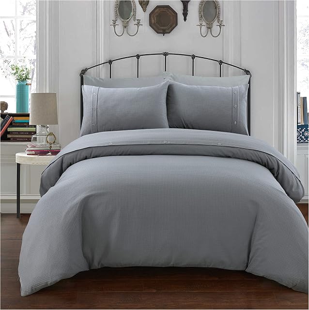 Sleepdown Duvet Cover Set - Grey - Simple and Classy Waffle Honeycomb Geometric - Quilt Cover Easy Care Bed Linen Soft Cosy Bedding Sets Pillowcases with Buttons Closure - Double (200cm x 200cm)