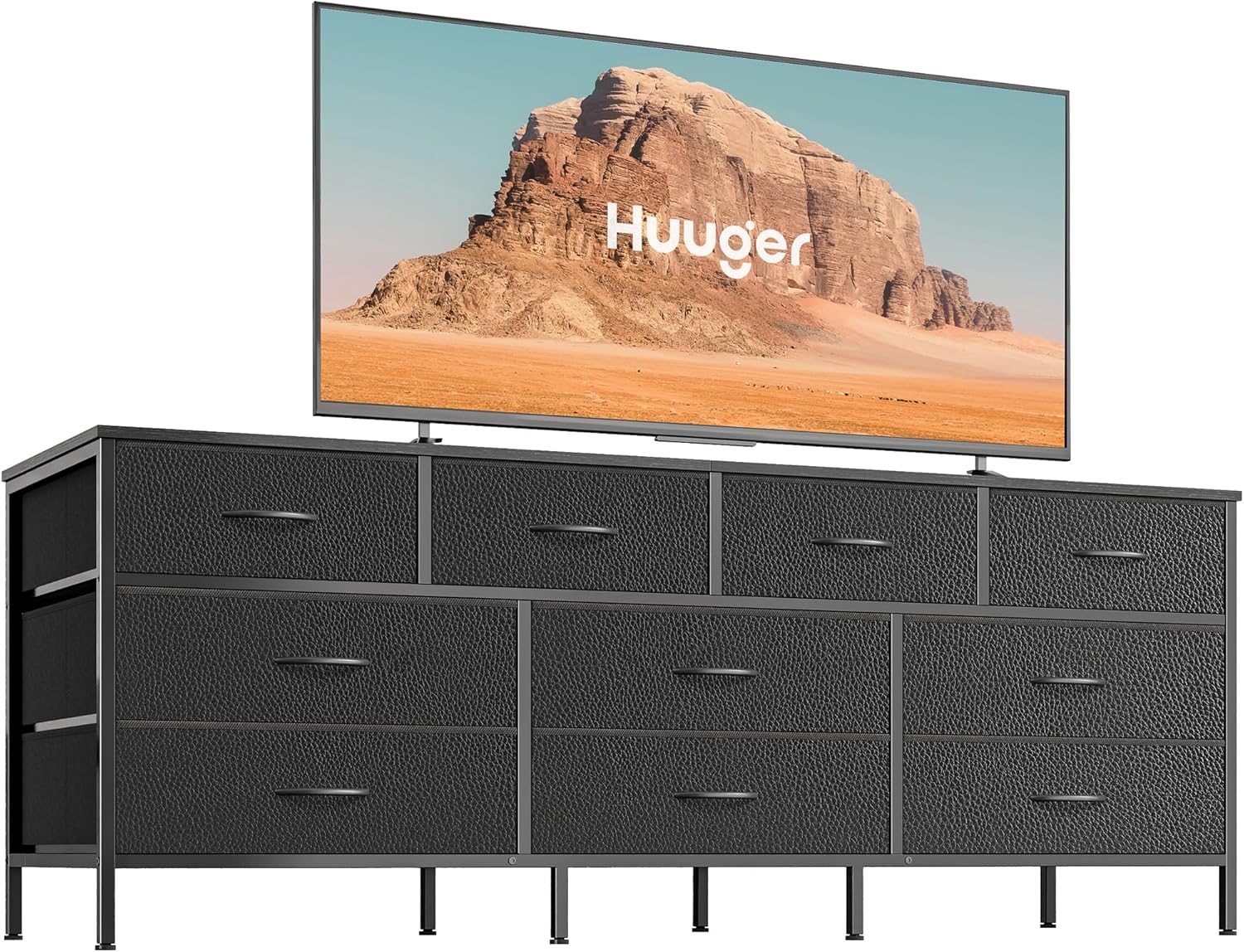 huuger 63 inch dresser for bedroom, long dresser with 10 fabric drawers, tv stand for 55, 65, 70 inch tv, toy storage organizer for closet, black