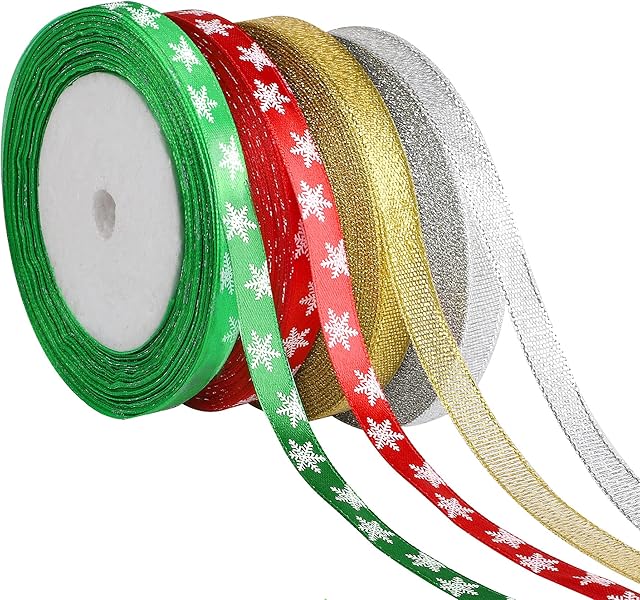 JUNEBRUSHS 4 Rolls 100 Yards Christmas Ribbon for Gift Wrapping, 10mm Wide Snowflake Printed Organza Satin Ribbons for DIY Crafts Easter Holiday Party Decorations