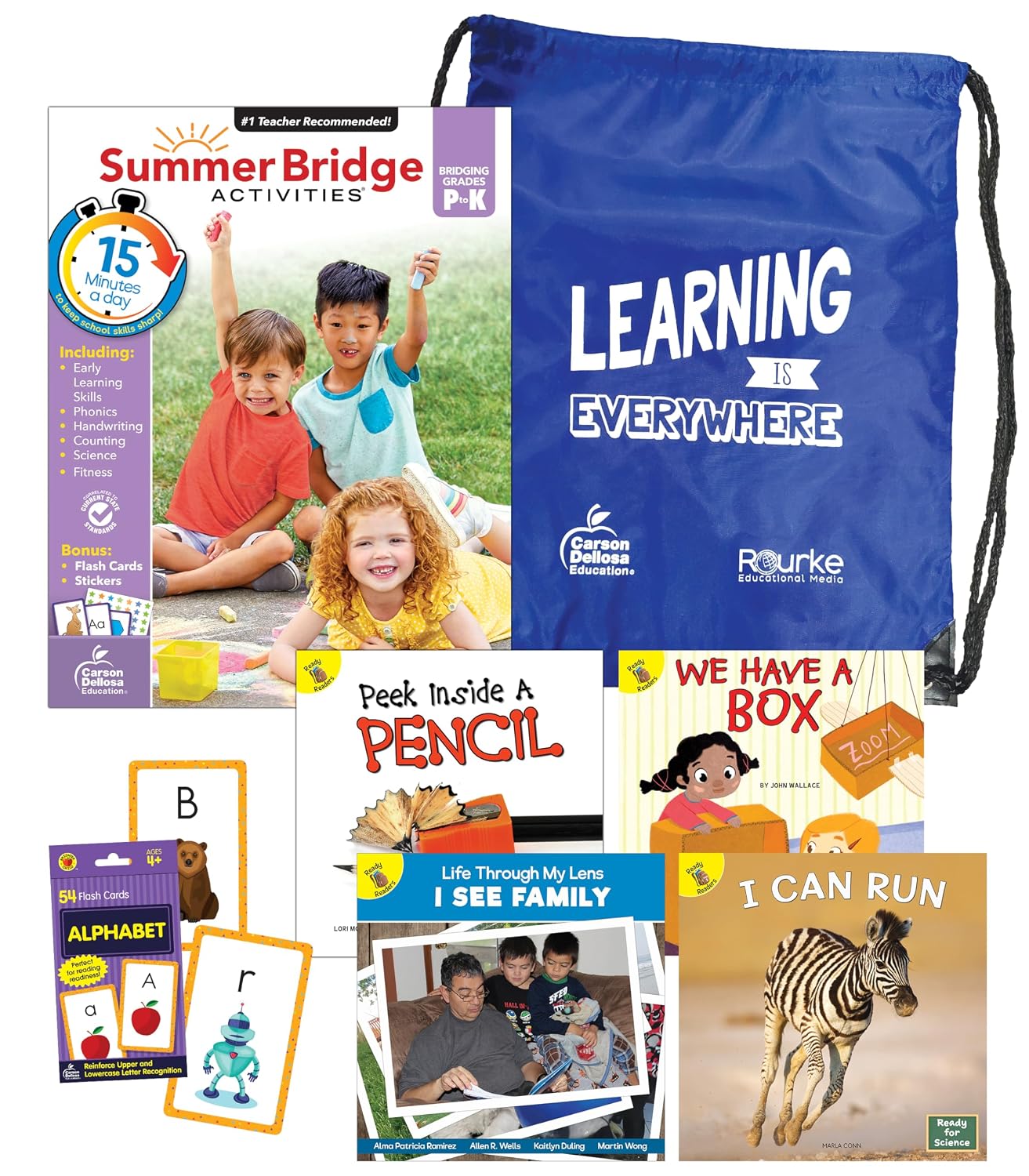 Summer Bridge Activities PreK-K Bundle, Ages 4-5, Math, Phonics, Handwriting, and Science Summer Learning Kindergarten Workbooks, Alphabet Flash Cards, Children's Books, and Drawstring Bag