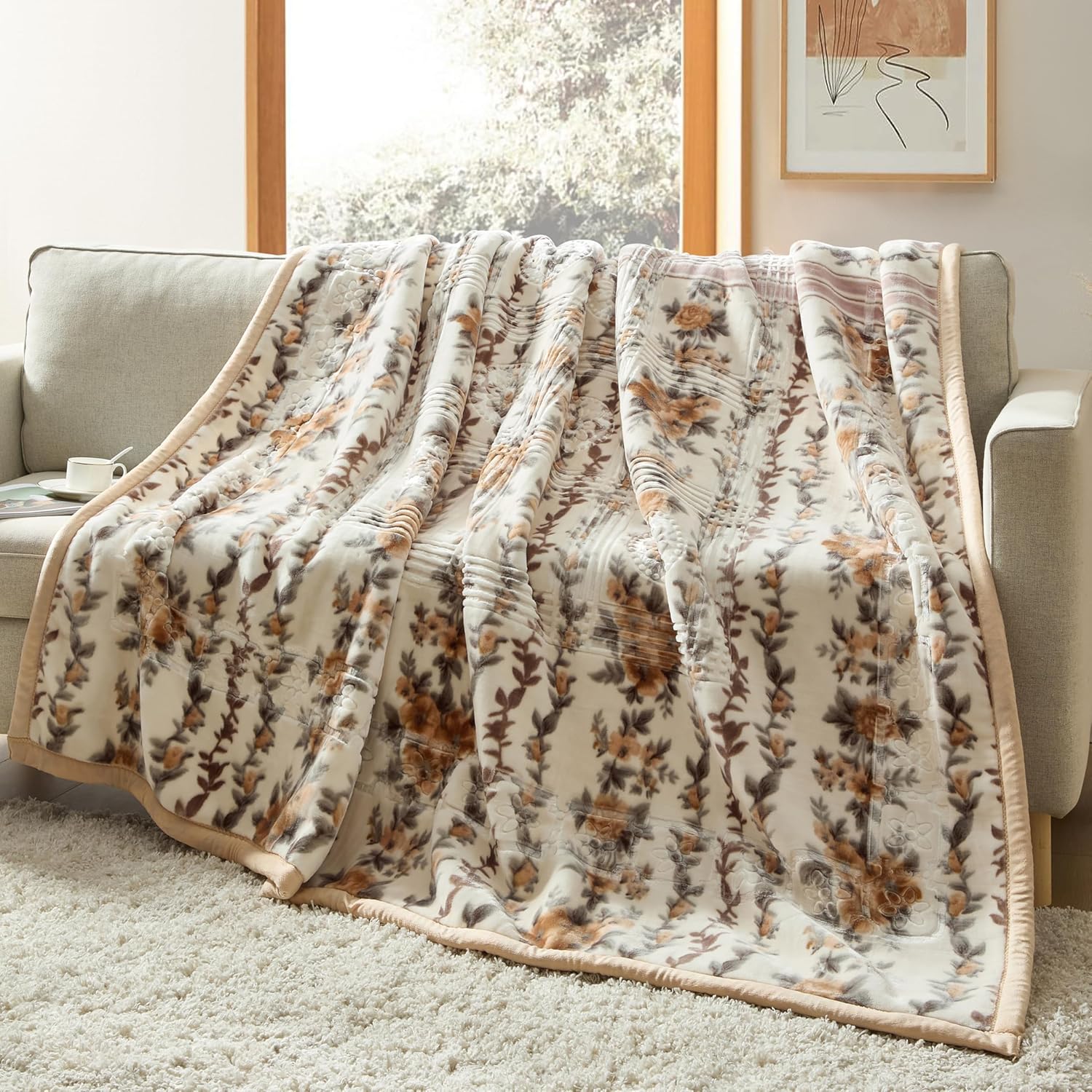Nestl Korean Mink Blanket Queen Size - 9 Lbs Velvet Fleece Korean Blanket - 2 Ply Warm & Thick Winter Blanket - Wrinkle & Fade Resistant - 79 x 94 Inches (Beige)