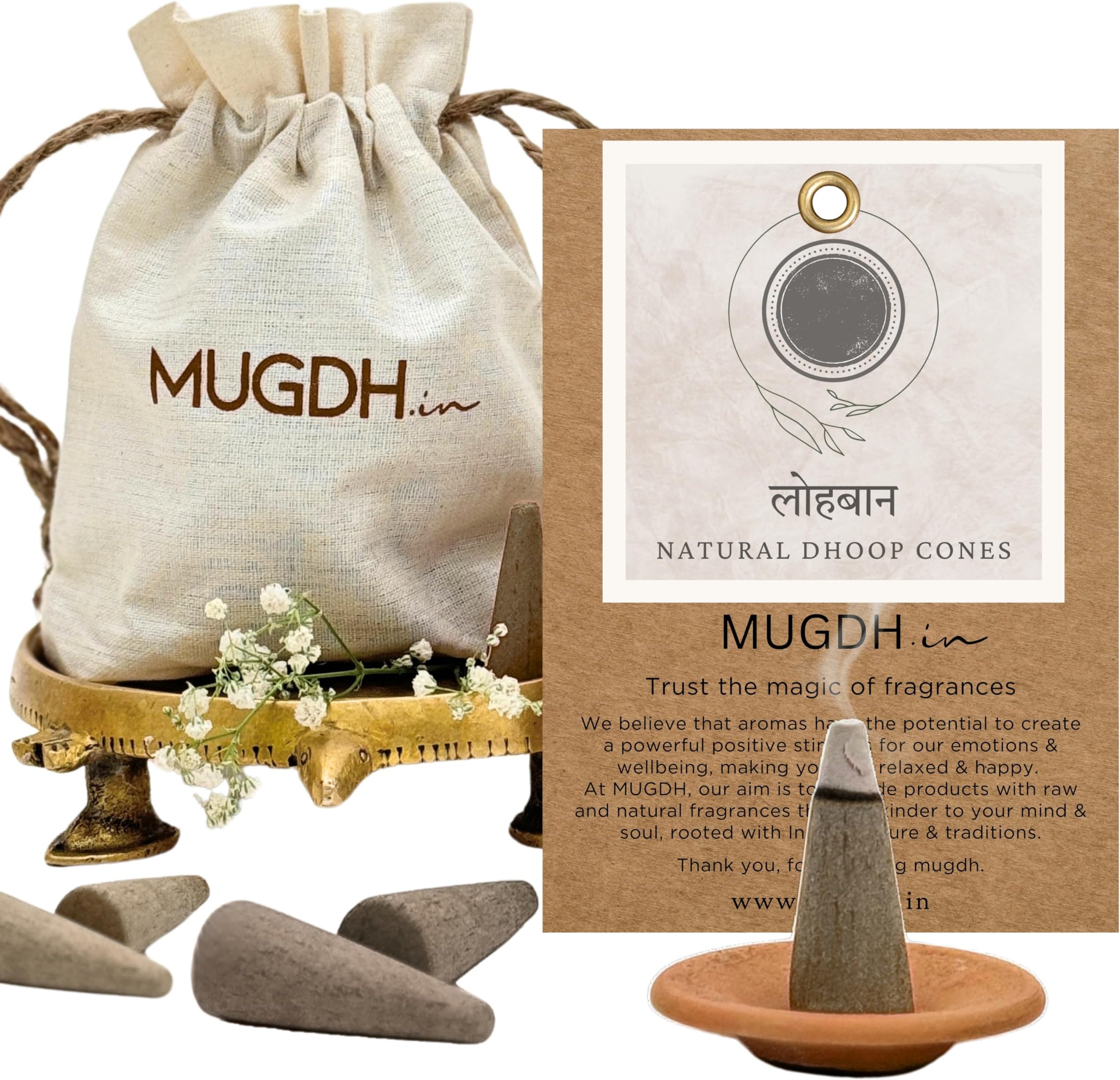 Mugdh Natural Incense Cones – Loban | Bambooless, Low Smoke, Charcoal Free Dhoop Cones | 80 dhoop batti | Free Cotton Potli & Dhoop Stand | Home Fragrance, Pooja & Meditation