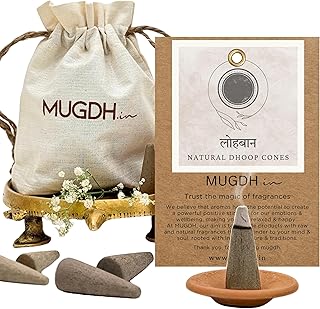Mugdh Natural Incense Cones β Loban | Bambooless, Low Smoke, Charcoal Free Dhoop Cones | 80 dhoop batti | Free Cotton Potli & Dhoop Stand | Home Fragrance, Pooja & Meditation
