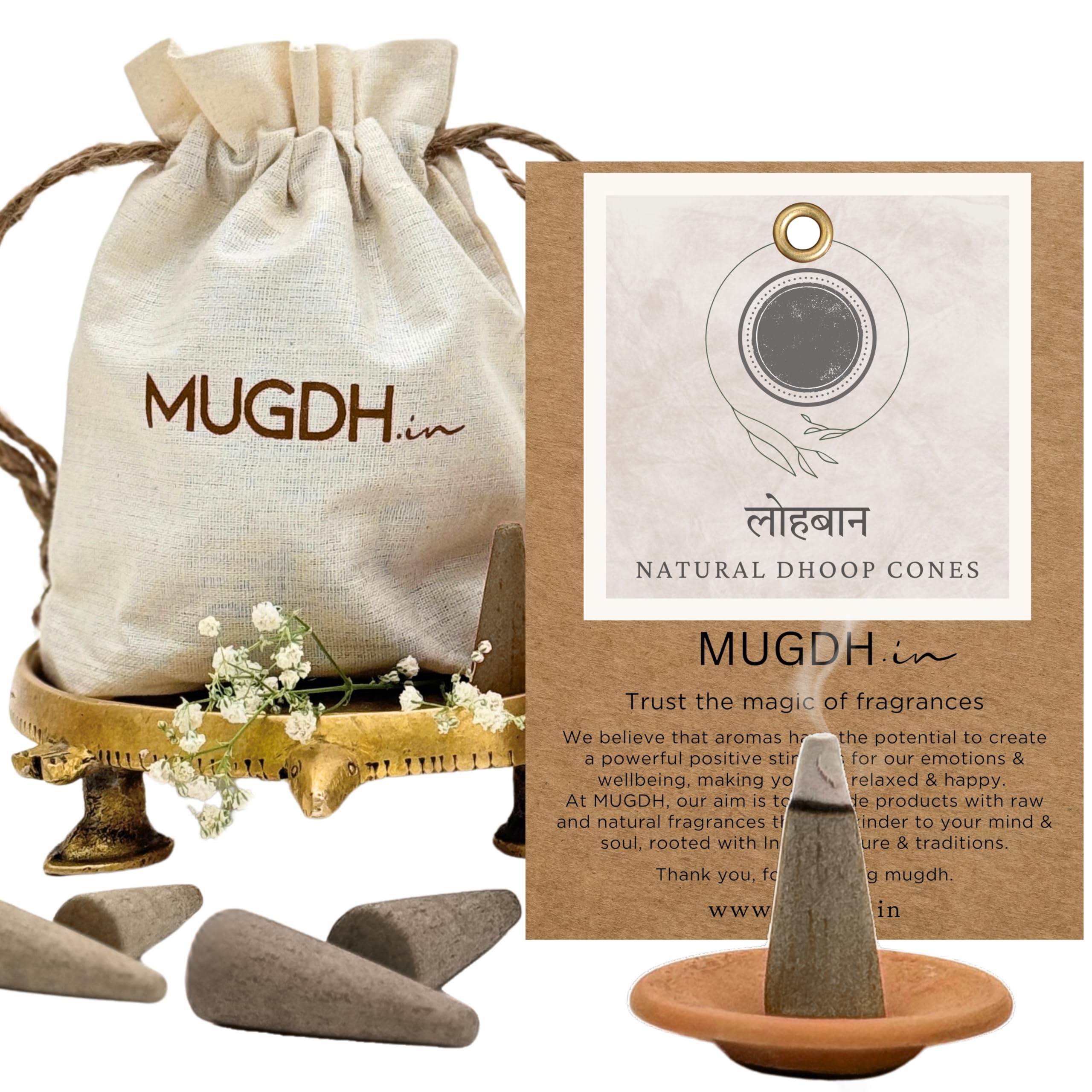 Mugdh Natural Incense Cones – Loban | Bambooless, Low Smoke, Charcoal Free Dhoop Cones | 80 dhoop batti | Free Cotton Potli & Dhoop Stand | Home Fragrance, Pooja & Meditation