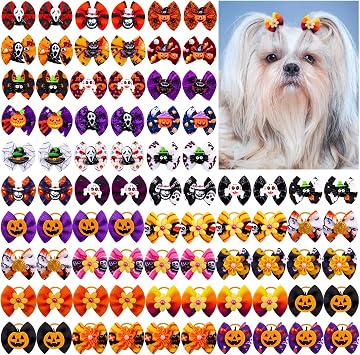 80pcs هالوين أقواس صغيرة للكلاب ، أقواس للكلاب مع عصابات مطاطية ، أقواس صغيرة للكلاب ، عناصر هالوين مصنوعة يدويًا من الجرو يوركى الكلب شعر عقدة العناية