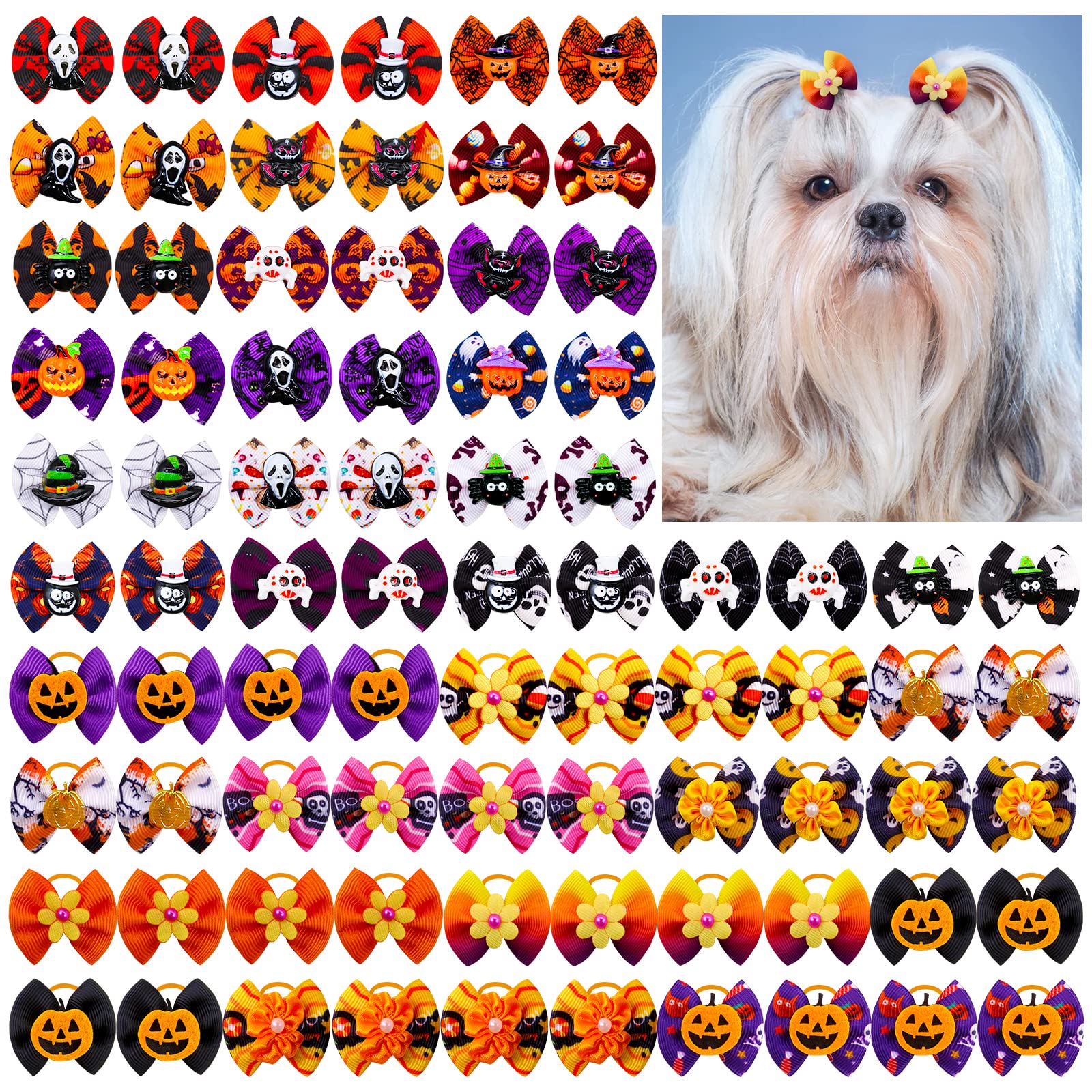 80pcs Halloween Small Dog Hiar Bows, Dog Bows with Rubber Bands, Bulk Dog Tiny Bows, Handmade Halloween Elements Pet Puppy Yorkie Dog Hair Bowknot