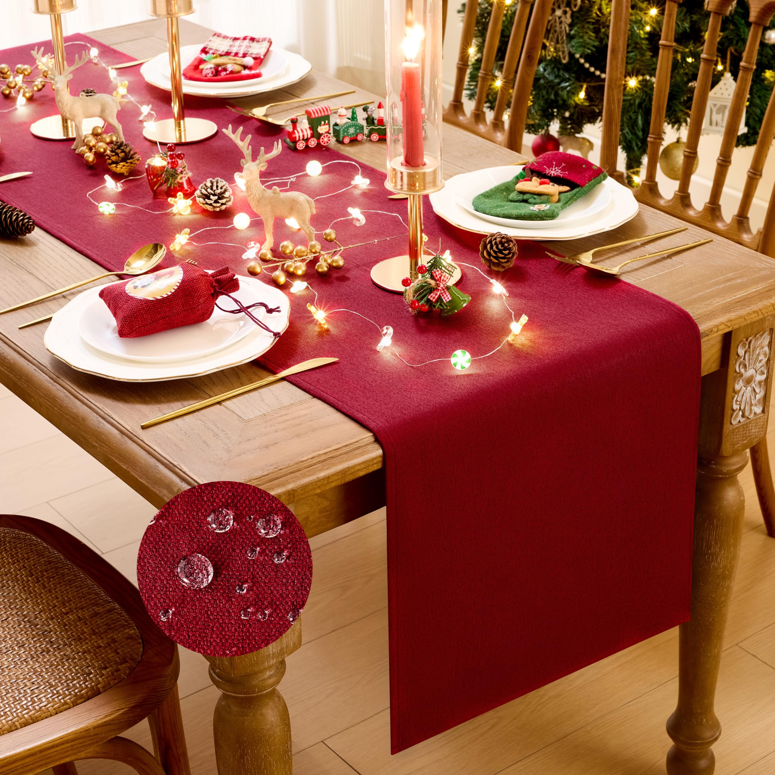 MAIBAOTA Christmas Red Table Runner 40 x 240 cm Waterproof Table Runner