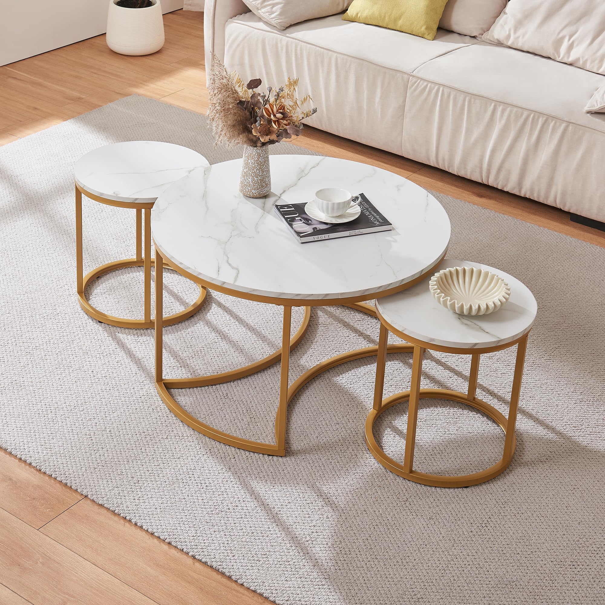 [en.casa] Set di 3 Tavolini Sovrapponbili Tavoli Bassi da Salotto con Piano Rotondo Tavolini da Caffè in Misure Diverse Base Circolare e Semicircolare in Metallo - Effetto Marmo Bianco/Oro