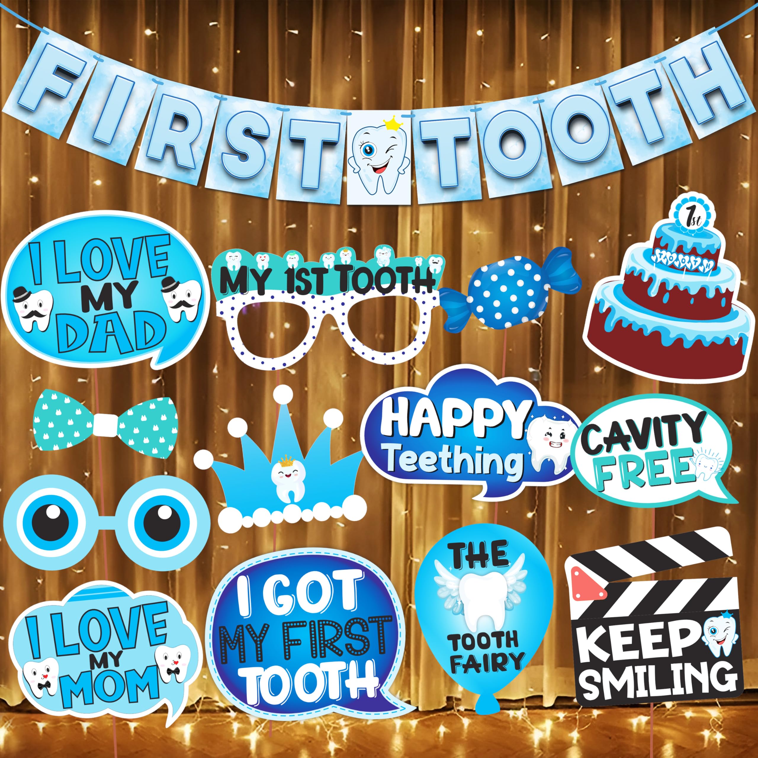 Wobbox I Got My First Tooth Decoration Set - Banner, Props, Rice Lights (15 Pcs) - Blue, Cartoon Theme - First Tooth Celebration