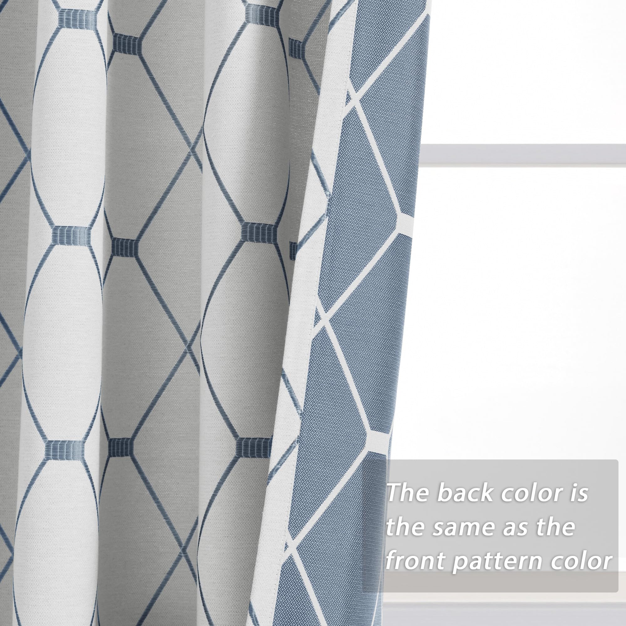 Nanspring Cortinas blancas crema de 259 cm de largo, juego de 2 paneles para sala de estar, pestaña trasera, patrón geométrico azul bordado, lino neutro, texturizado, 50% cortinas opacas de 102