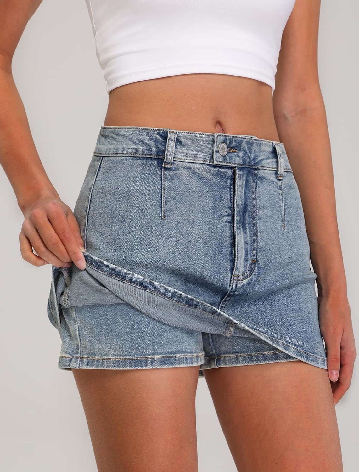 IWD Denim Mini Skirt for Women Low Waisted Jean Micro Skort with Shorts Stretch Casual Jean Skirt - Image 2
