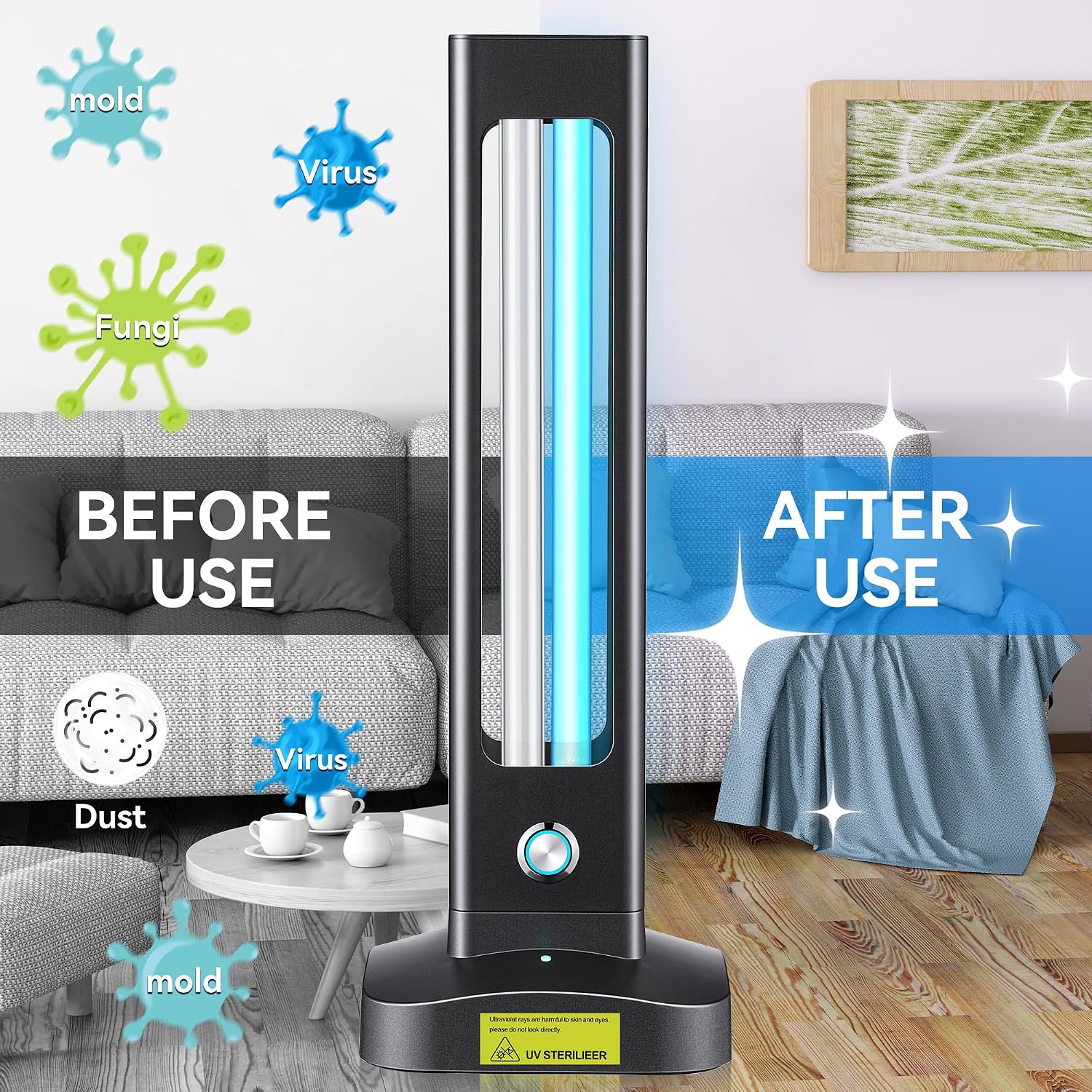 Qualirey Ultraviolet Lamp, 55W UV Light with Ozone Purifier for Room, UVC Disinfection Lamp with 3 Step Timing Remote Control, Blue Light, Purification for Bathroom Bedroom Toilet