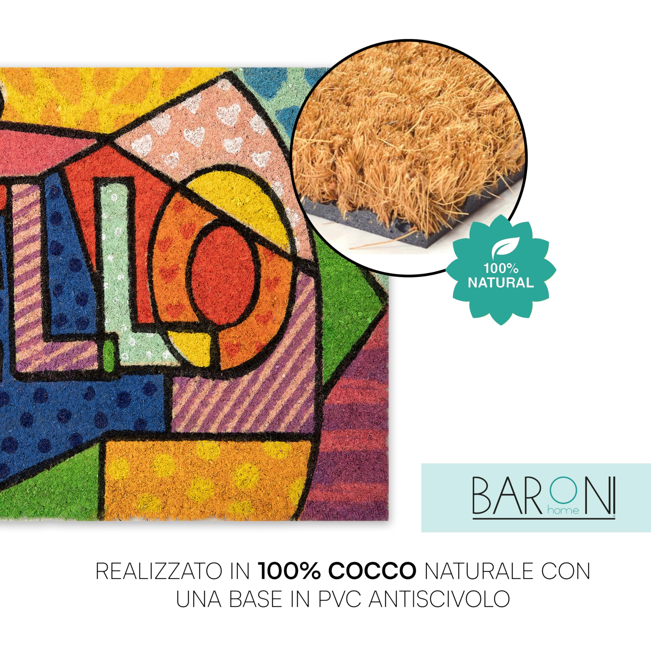 Zerbino Esterno In Cocco Dipinto A Mano Baroni Home - 70x40 Cm, Motivo Gatti, Antiscivolo - Foto 5