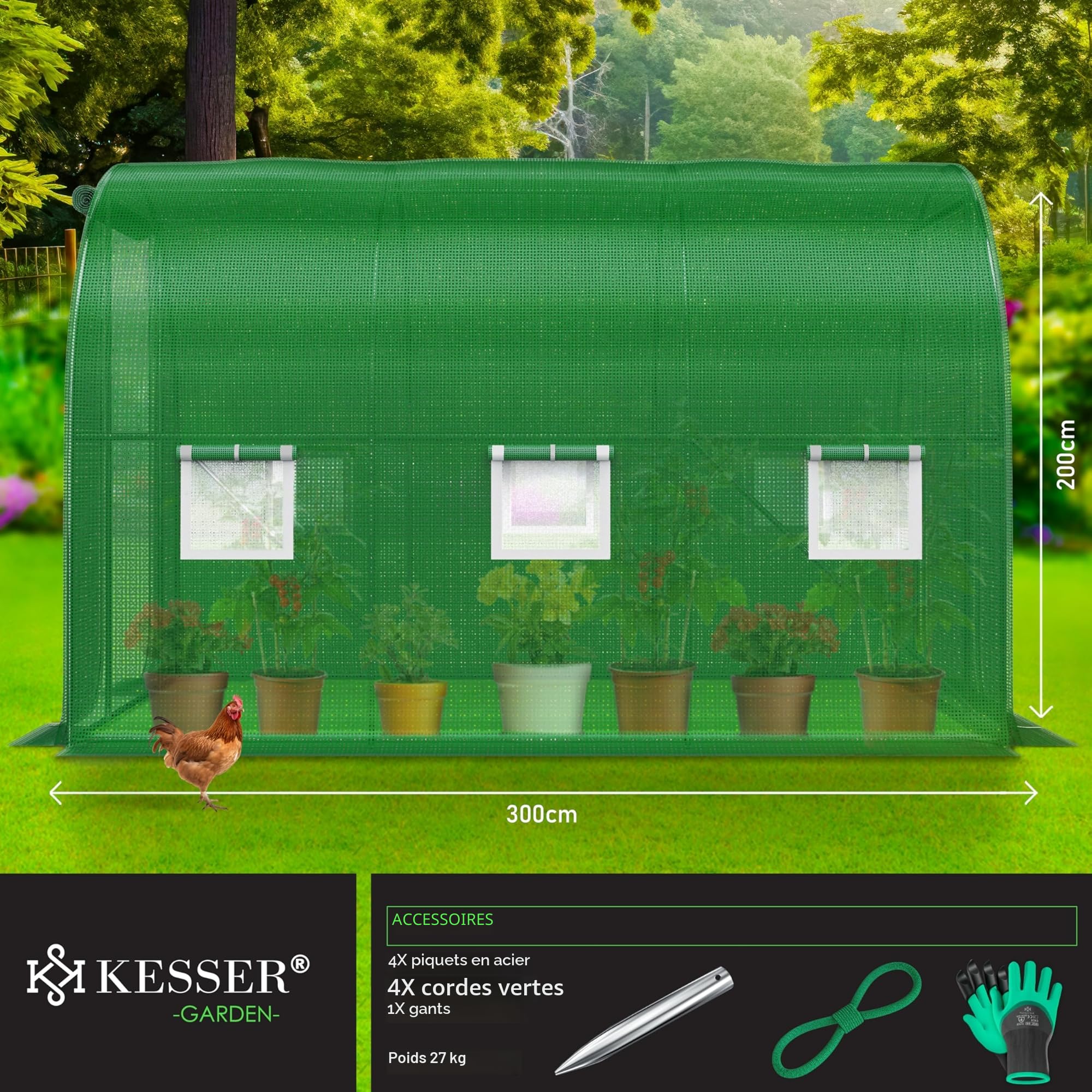 KESSER® Serre en film stable avec 6 fenêtres avec moustiquaire et porte | Tunnel de jardin avec cadre en acier galvanisé | Tunnel en film 170 g/m² avec piquets d'ancrage au sol gants et cordes | 200 x