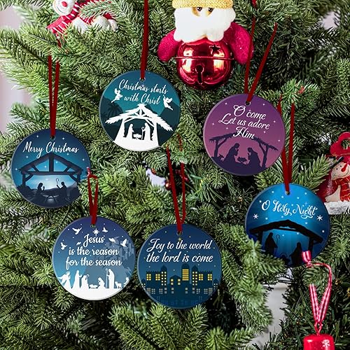 Miniatura 7 de Karenhi 6 adornos de Navidad de Navidad de Noche Santa, adornos religiosos cristianos para árbol de Navidad, cerámica redonda de Jesús, Belén,