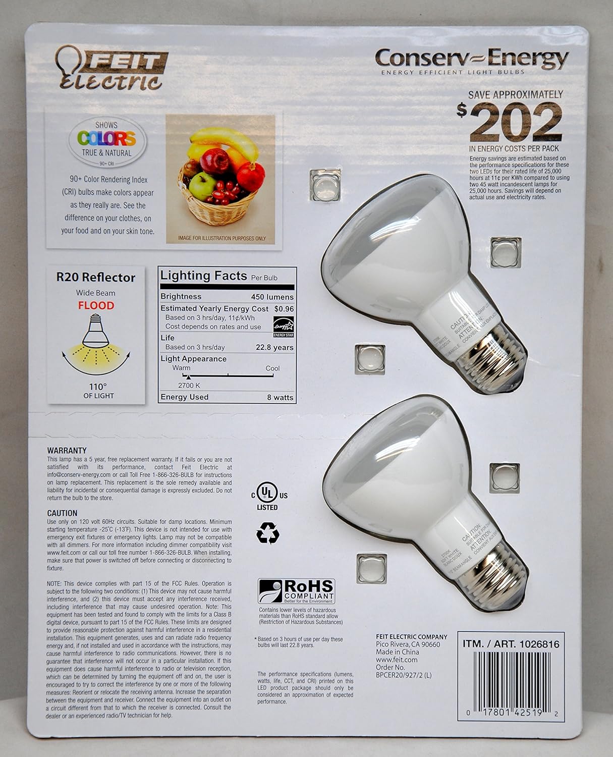 Feit Eelctric 1026816 8 Watt LED Dimmable 45-Watt Replacement Bulbs, Soft White, Pack of 2