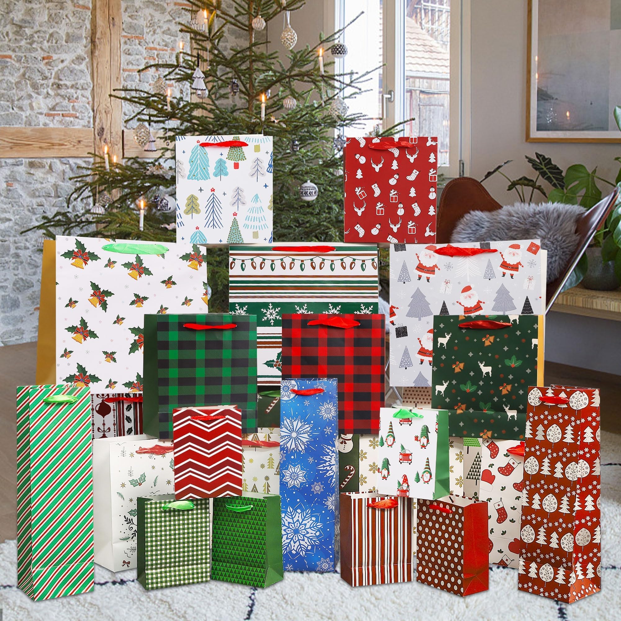 Lulu Home 24 Packs Christmas Wrapping Bags, Assorted Size Art Paper Gift Bags Set with Ribbon Handles, 2023 New Xmas Small Medium Large Bottle Bags for Holiday Birthday Present Packaging