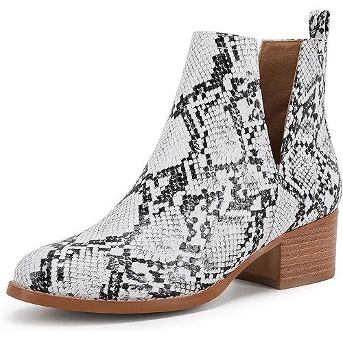 LAICIGO Women's V Cut Ankle Booties Low Stacked Heel Closed Toe Perforated Slipon Faux Leather Western Boots
