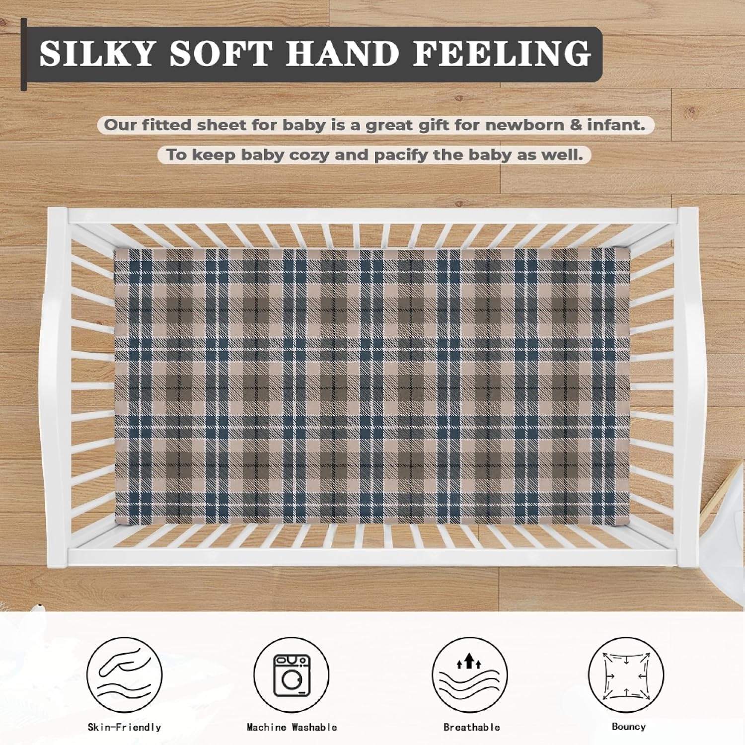 Brown Plaid Checkered Fitted Crib Sheet for Boys Girls Geometric Gingham Baby Sheet for Standard Crib and Toddler Rustic Patch Nursery Bed Mattress Sheets 28"x52"