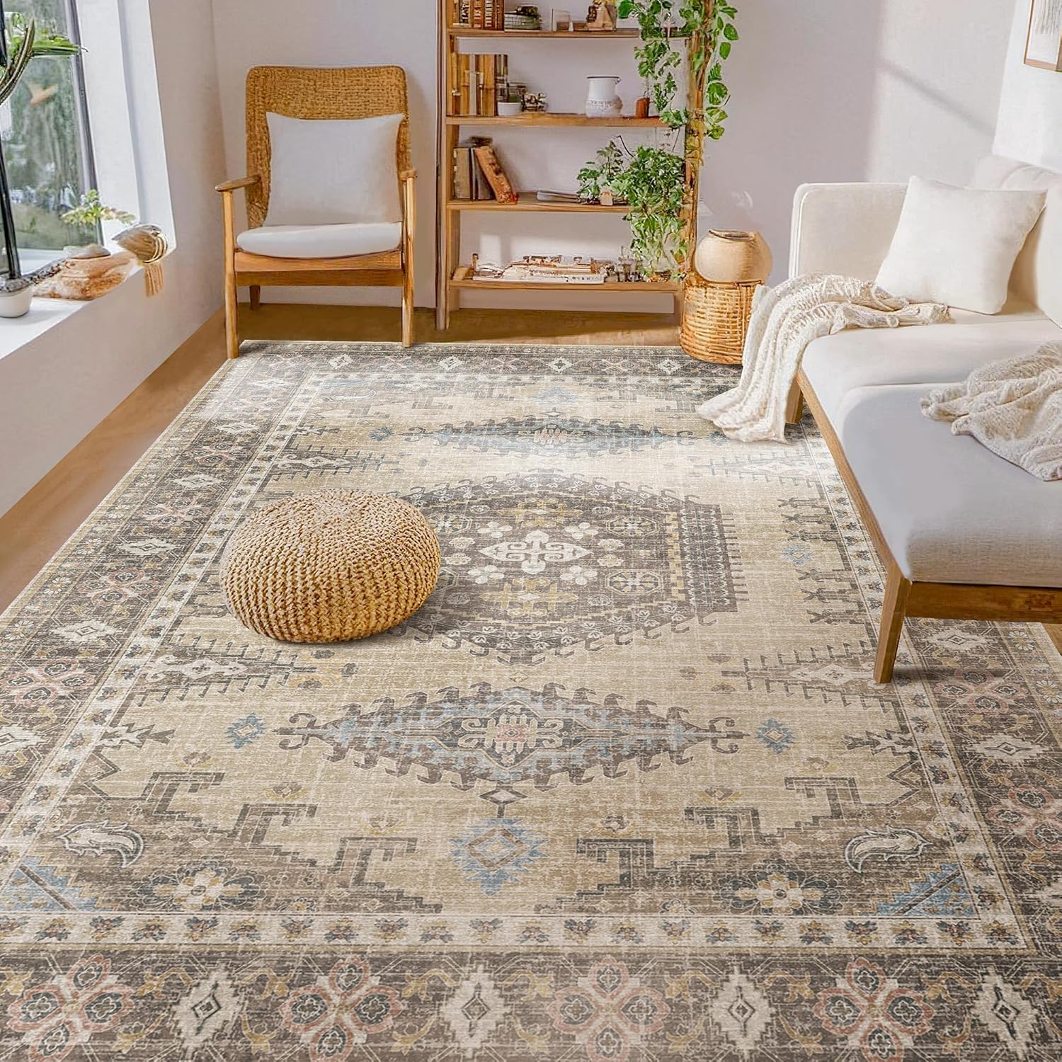 Kokia Area Rugs Living Room 5x7 UltraThin Washable Brown Large Area Rug Bedroom