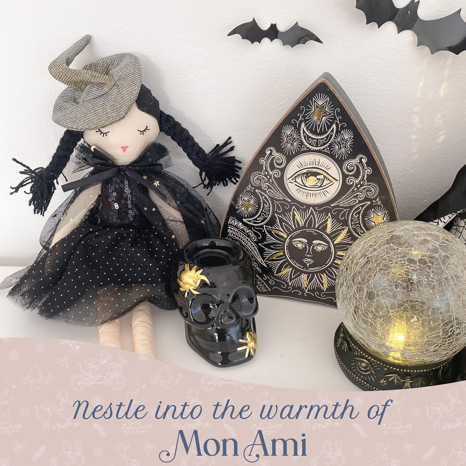 MON AMI Cassandra Witch Doll – 15” | Soft & Elegant Plush Doll for All Ages | Spooky, Cute Holiday & Halloween Decoration