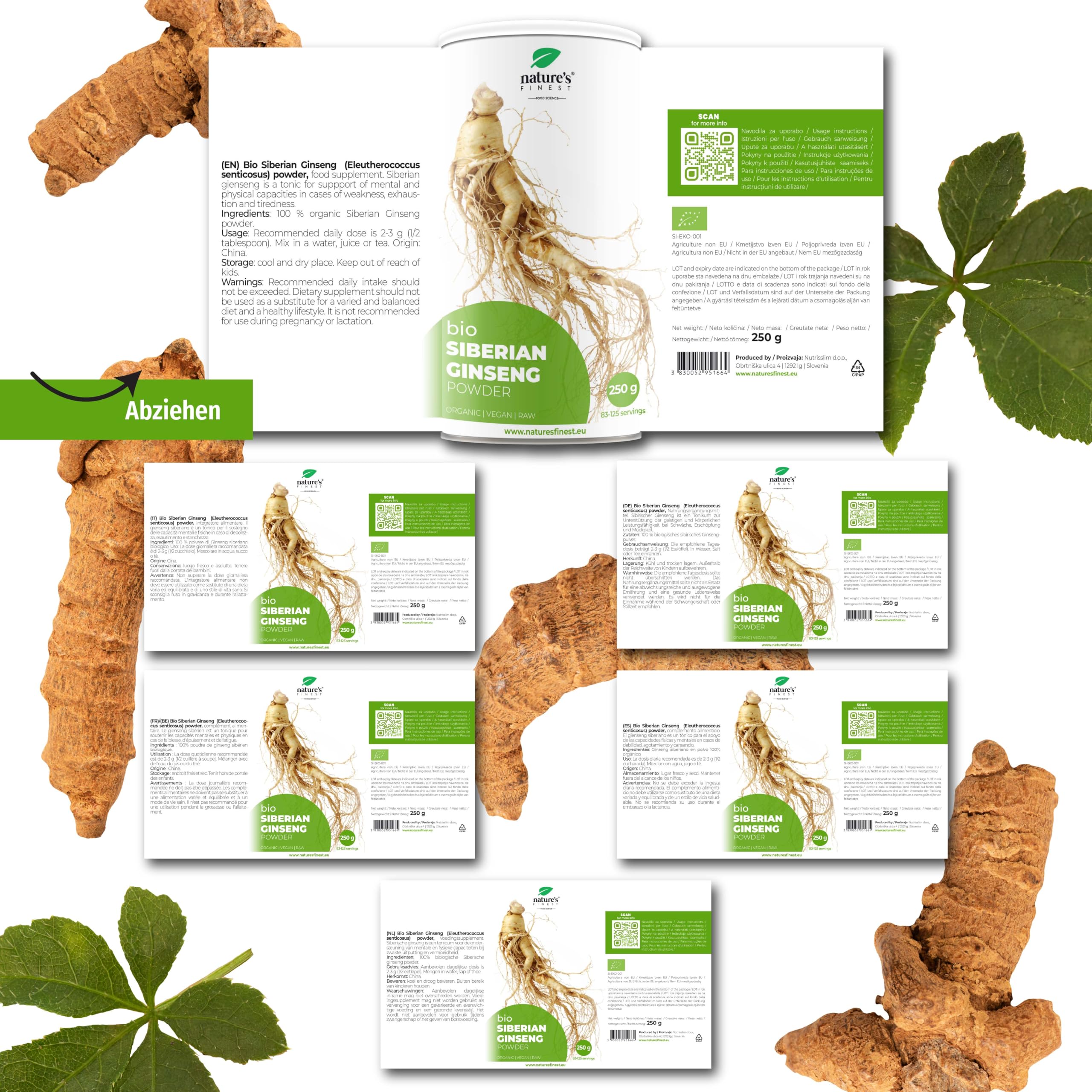 Nature's Finest Bio Sibirischer Ginseng, Pulver 250 g | Eleutherococcus senticosus Wurzelpulver - 100 % bio, vegan - traditionsreiche Wurzel, fein gemahlen für Getränke