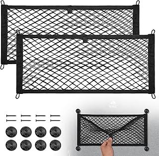 BUMBEE 2 Pcs Universal Elastic Mesh Netting Mesh Cargo Net, Envelope Netting, Elastic Pocket Pouch Bungee Organizer for Car Seat Back RV Wall Trunk, Hooks & Screws Included (23.6'' x 9.8'')