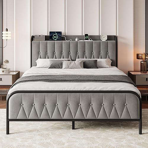 Miniatura 9 de iPormis Base de cama tamaño Queen con puertos USB B y tipo C, cabecera capitoné de terciopelo con botones de almacenamiento, plataforma de metal