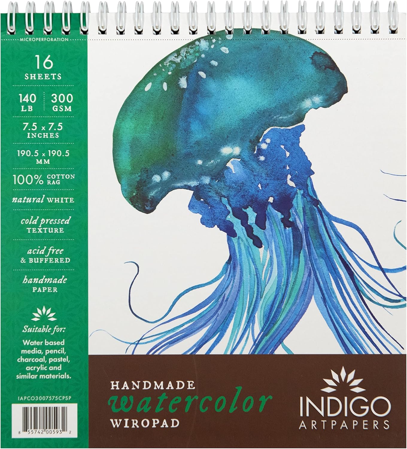 Indigo Artpapers Watercolor Paper Pad, 16 Sheets, 11x14 (140lb/300g) | Handmade 100% Cotton Rag, Cold Pressed Paint Paper, Acid-Free Water Color Paper Pad, Wirebound Watercolor Sketchbook Journal