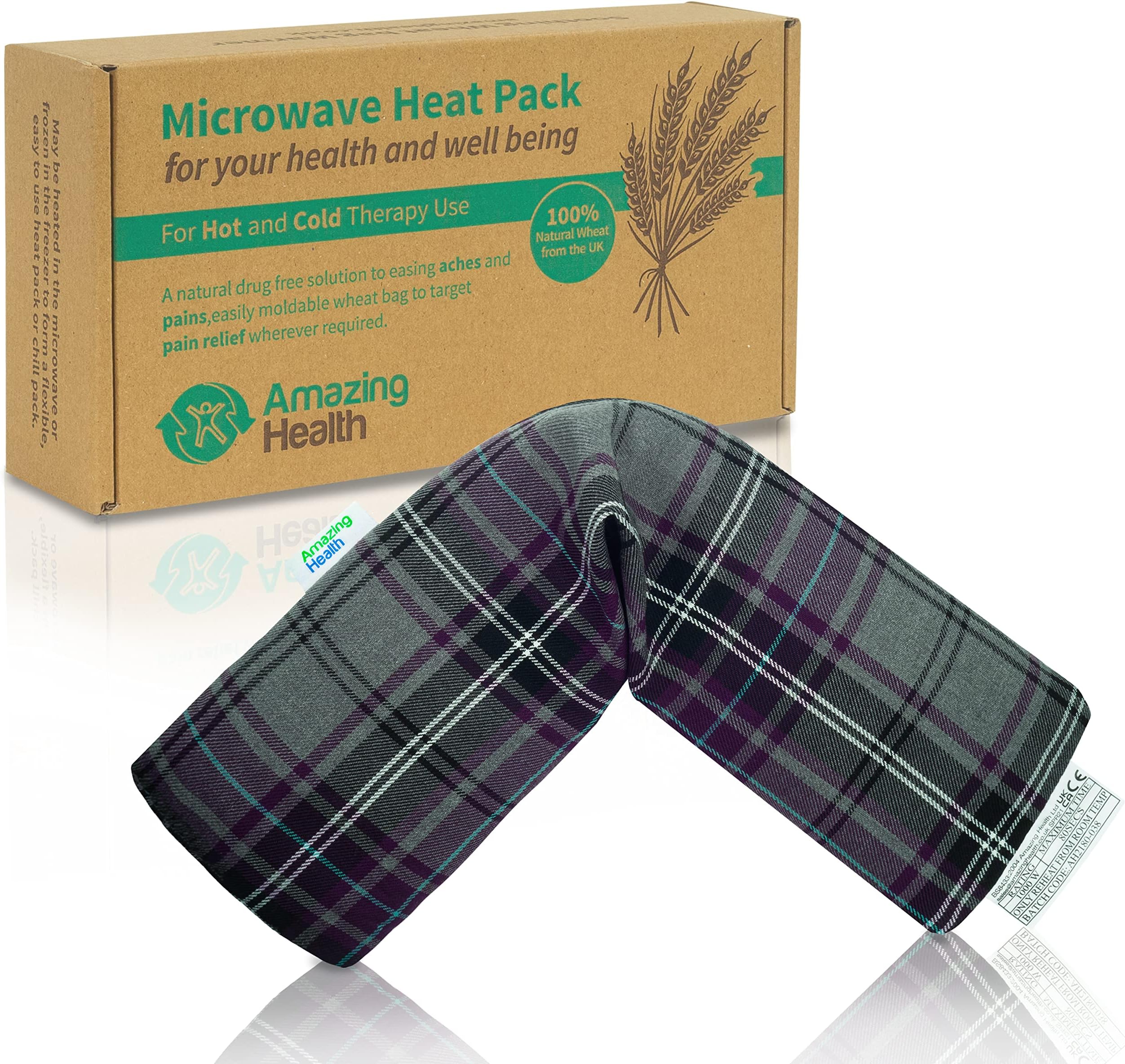 Amazing Health UNSCENTED Microwave Wheat Bag - Purple Tartan, 46cm Long, Cotton Heat Pad, Hot and Cold Pack, Made in UK, Gift Boxed