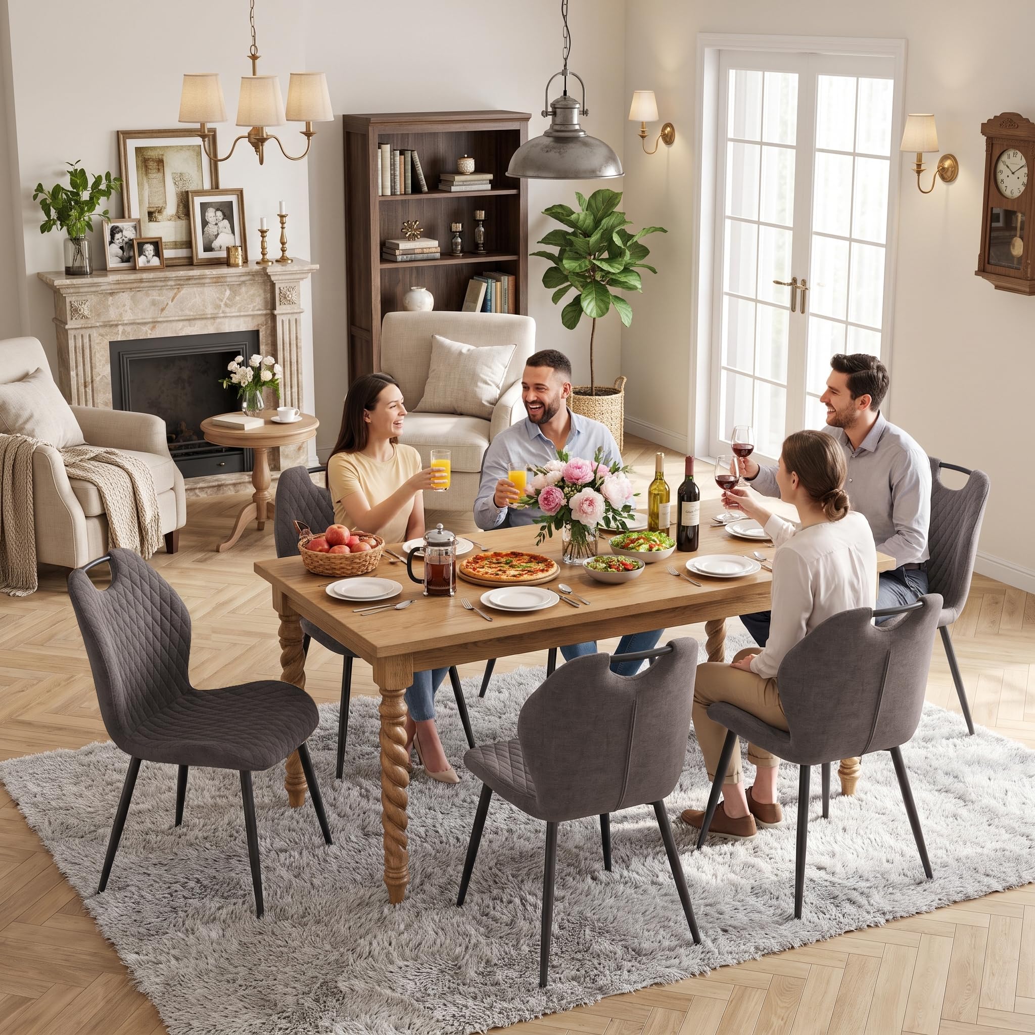 Set di 4 Sedie da Cucina Moderne Imbottite con Gambe in Metallo Nero,Sedie da Pranzo in Lino, Design a Quadri, per Sala da Pranzo e Cucina, Soggiorno, Marrone