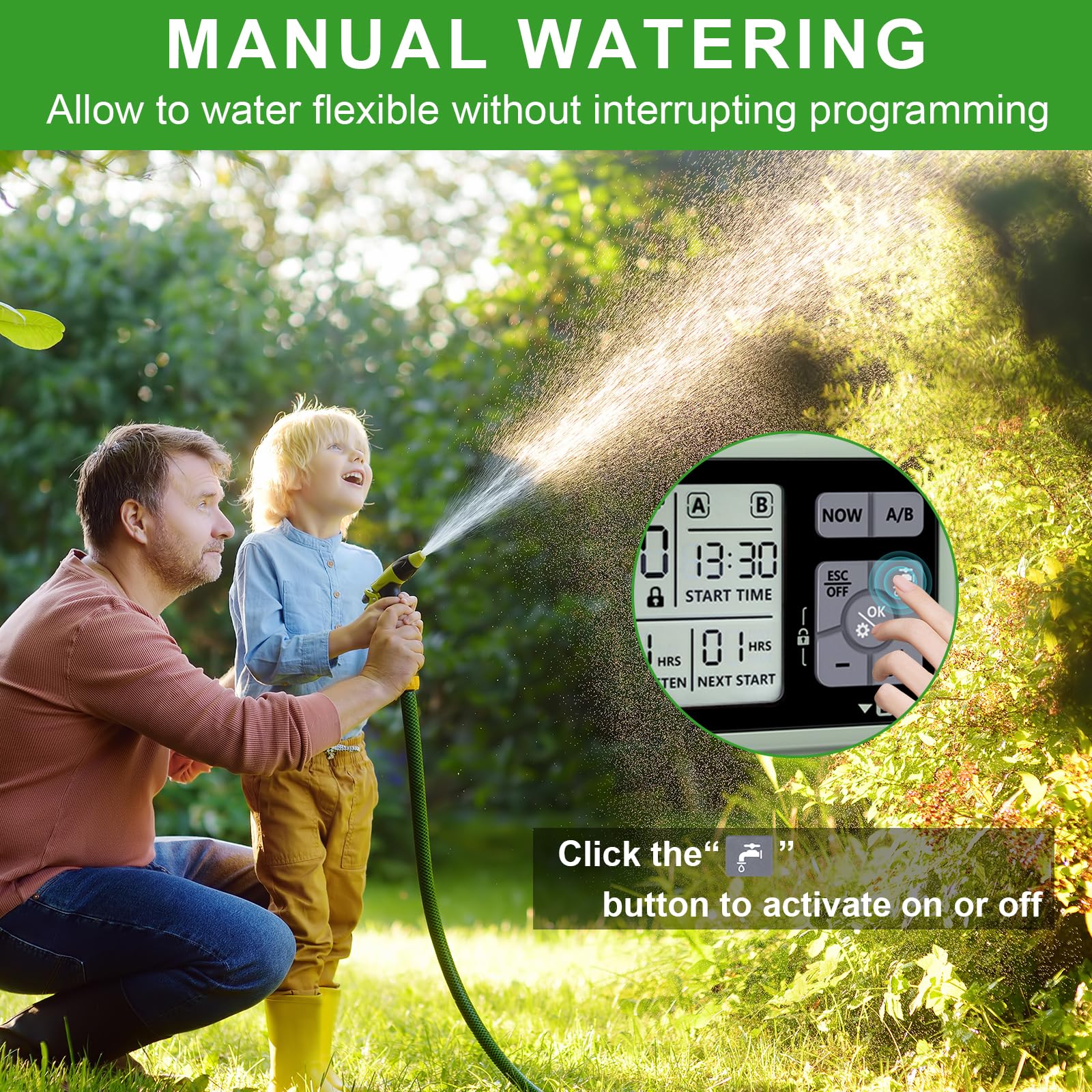 Programmateur Arrosage Automatique/Manuel 2 Voies,Minuterie D'irrigation de Jardin,Connecter la Minuterie du Robinet avec Retard de Pluie/Mode de Verrouillage Enfant/Étanchéité IPX5 /Grand écran LCD