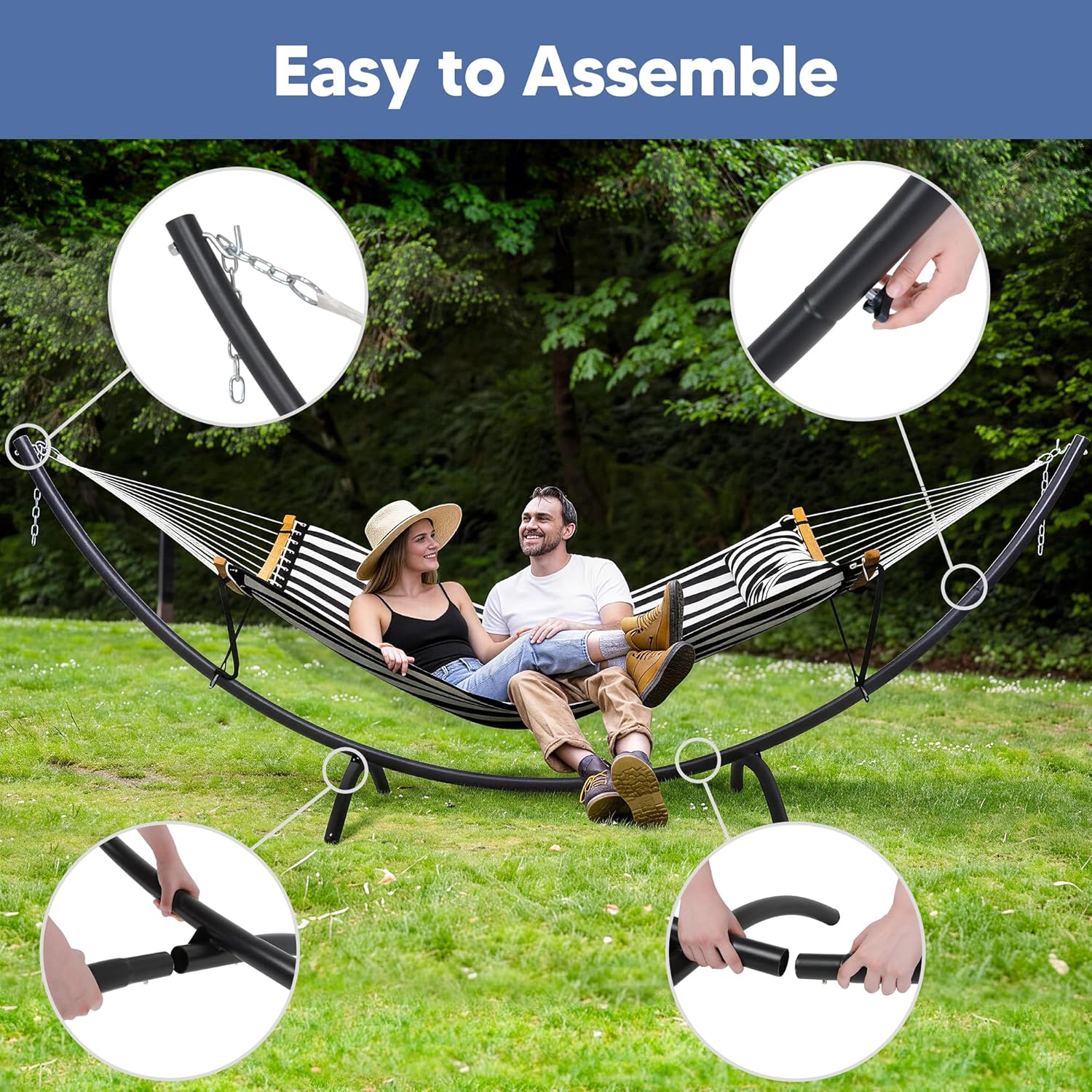 SUNCREAT Hammocks for Outside with Stand, Porch Hammock and Stand, 475 lbs Capacity, Patent Pending, Black & White