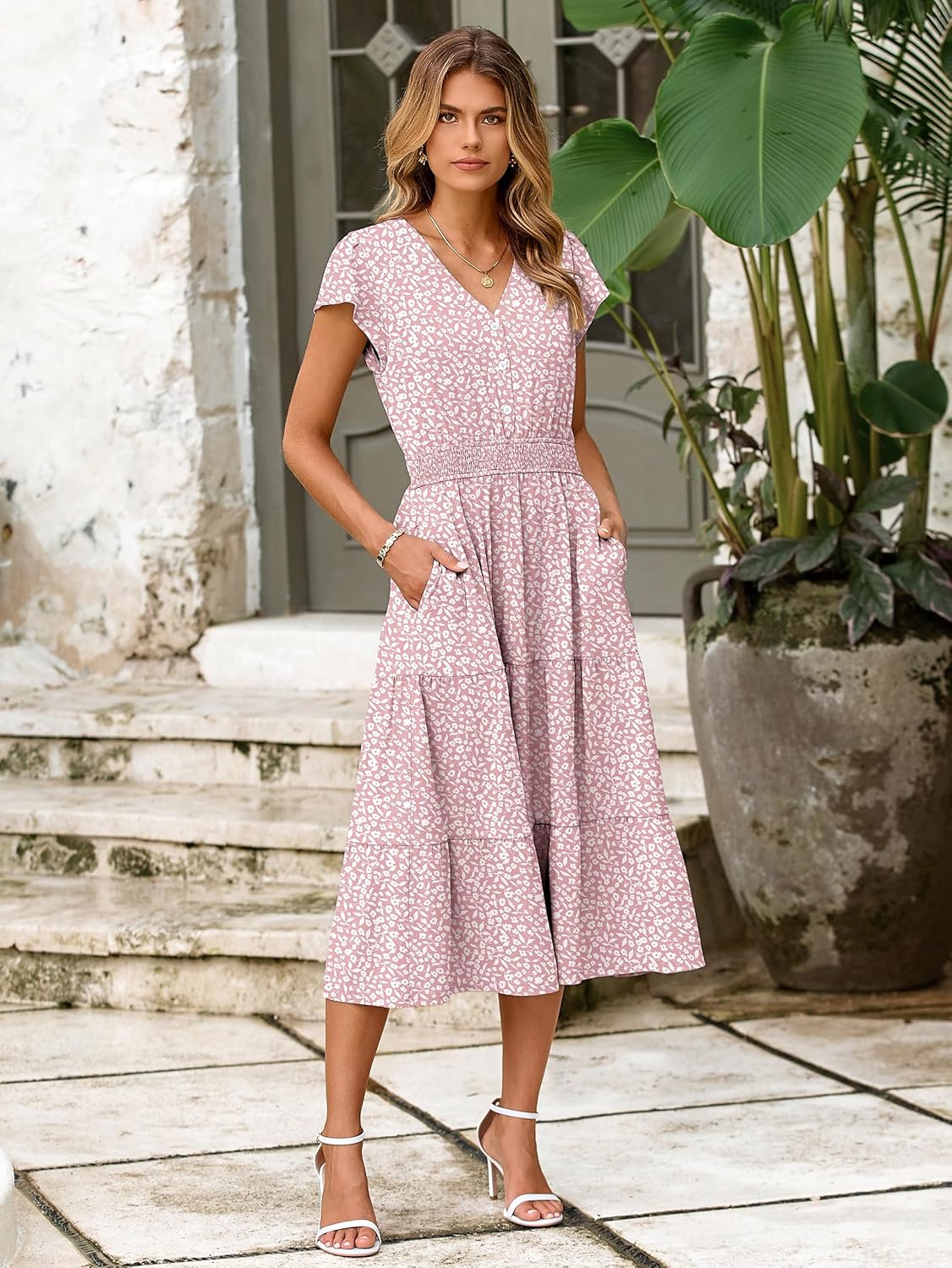 BerryGo Women's Floral Boho Ruffle Summer Midi Dress Short Sleeve V Neck Empire Waist Swing Flowy Dress - Image 4