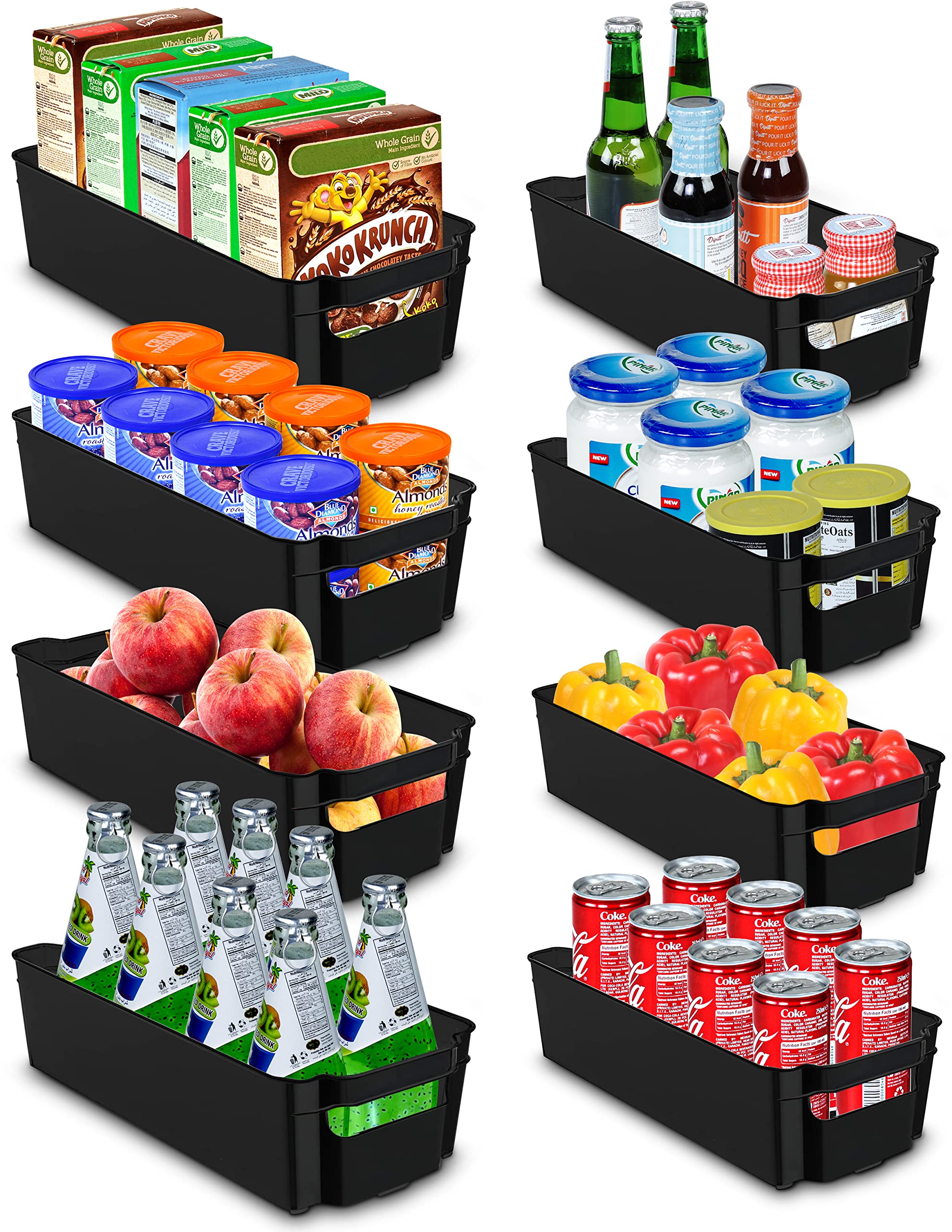 Utopia Home Pantry Organizer - Set of 8 Refrigerator Organizer Bins - Fridge Organizer for Freezers, Kitchen Countertops and Cabinets - BPA Free (Solid Black)