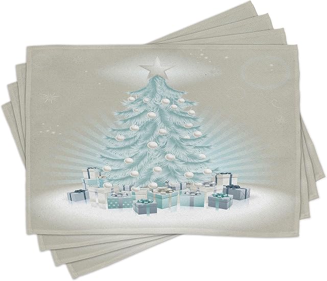 ABAKUHAUS Christmas Place Mats Set of 4, Xmas Tree Presents, Washable Fabric Placemats for Dining Room Kitchen Table Decor, Mint Green Slate Blue