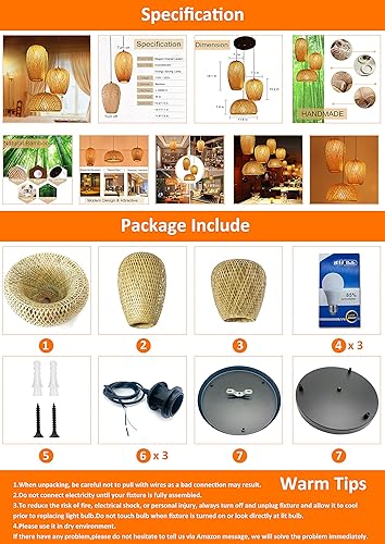 Miniatura 8 de GWY Lámpara colgante de bambú estilo japonés E27, lámpara colgante de techo para sala de estar, dormitorio, restaurante, cafetería, casa de té, bar,