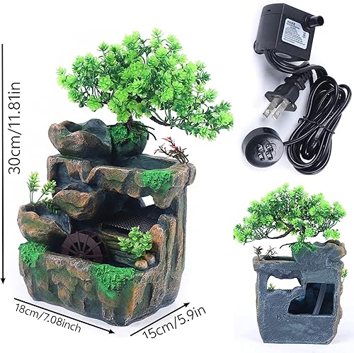 Miniatura 5 de 11.81 pulgadas Fuente de rocalla de mesa para interiores, cascada de bonsái, mini fuente de agua de rocalla con bomba automática y luz LED,