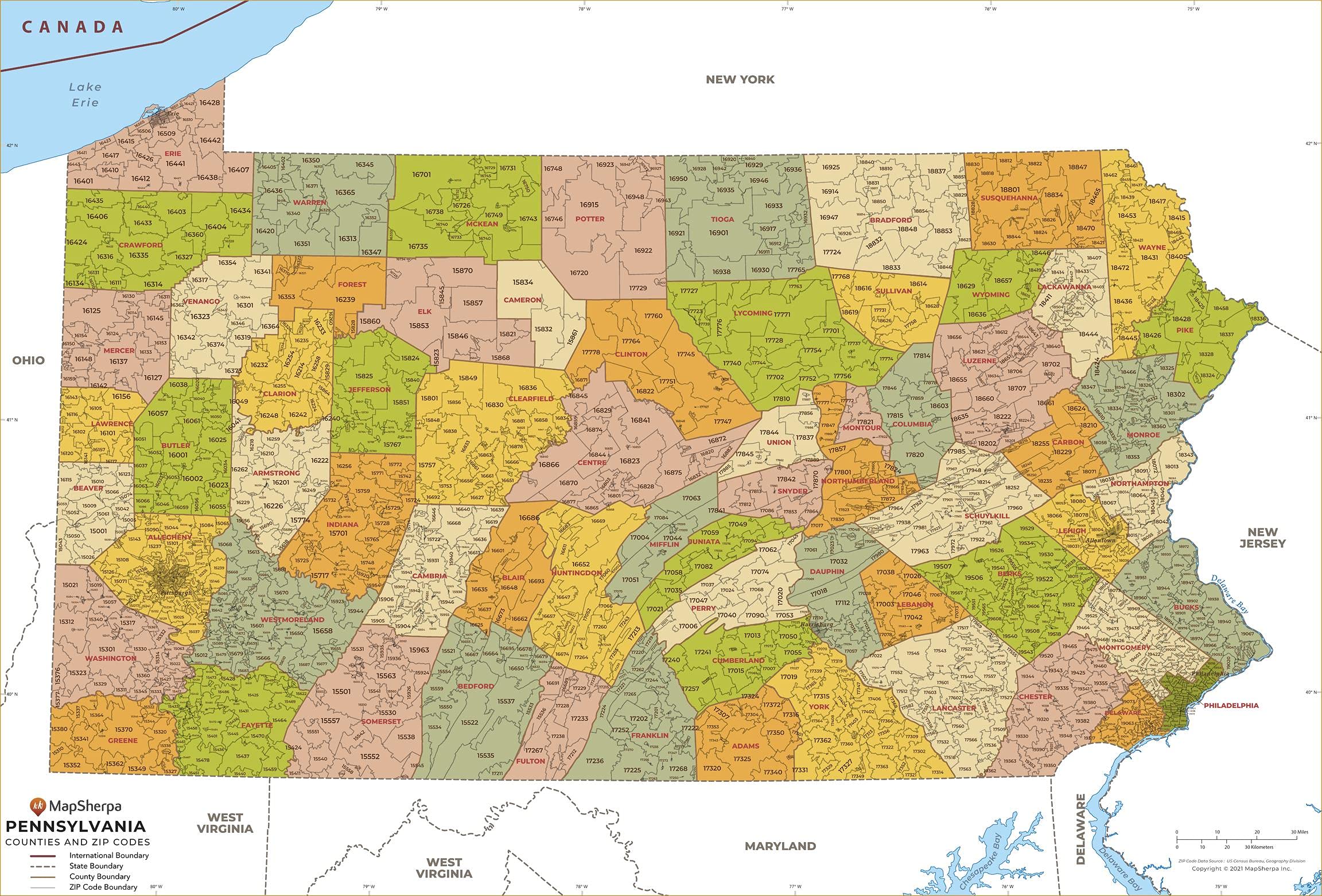 Pennsylvania ZIP Code Map with Counties - Large - 48" x 32.75" Laminated