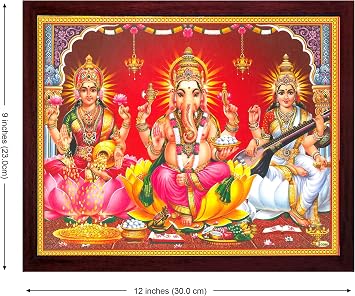Lakshmi Ganesha Saraswati Photo Frame - Hindu Wall Art, 13.5 x 9.5 Inch | SANVIKA Tridevi HD Print, Acrylic Glass, Ready to Hang - Pooja Room, Home Mandir, Office, Living Room Decor, Diwali Gift