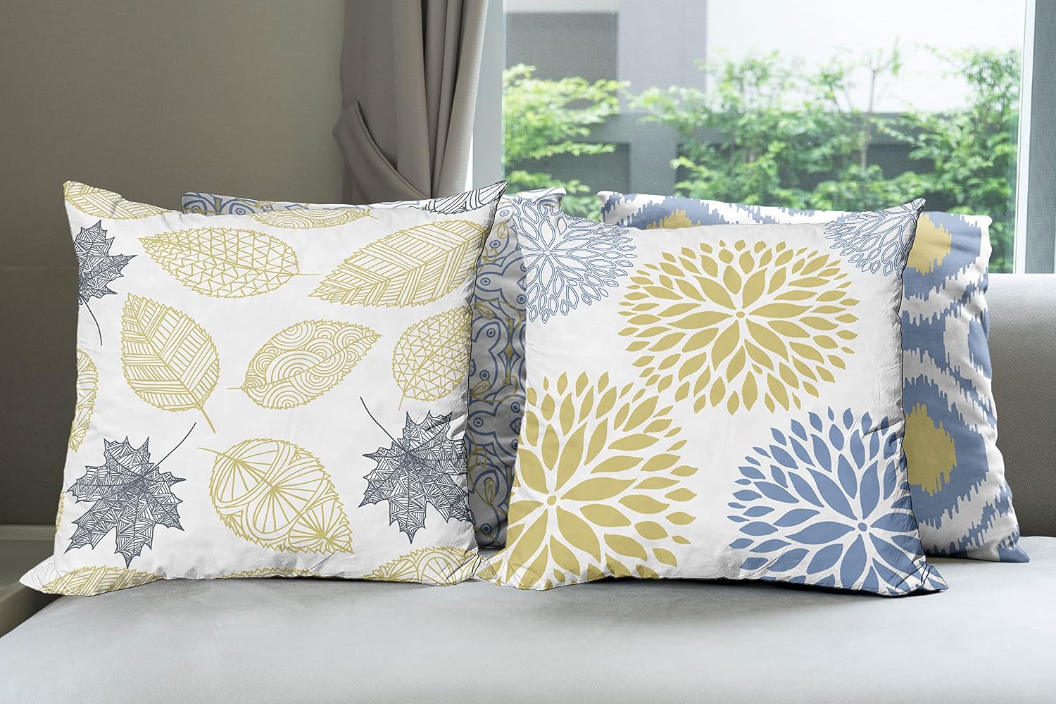 Ambesonne Vintage Throw Pillow Cushion Case Pack of 4, Bohemian Ornamental Leaves Dahlia Geometric Art Curlicue Motif, Modern Accent Double-Sided Digital Printing, 16", Mustard Dark Ceil Blue