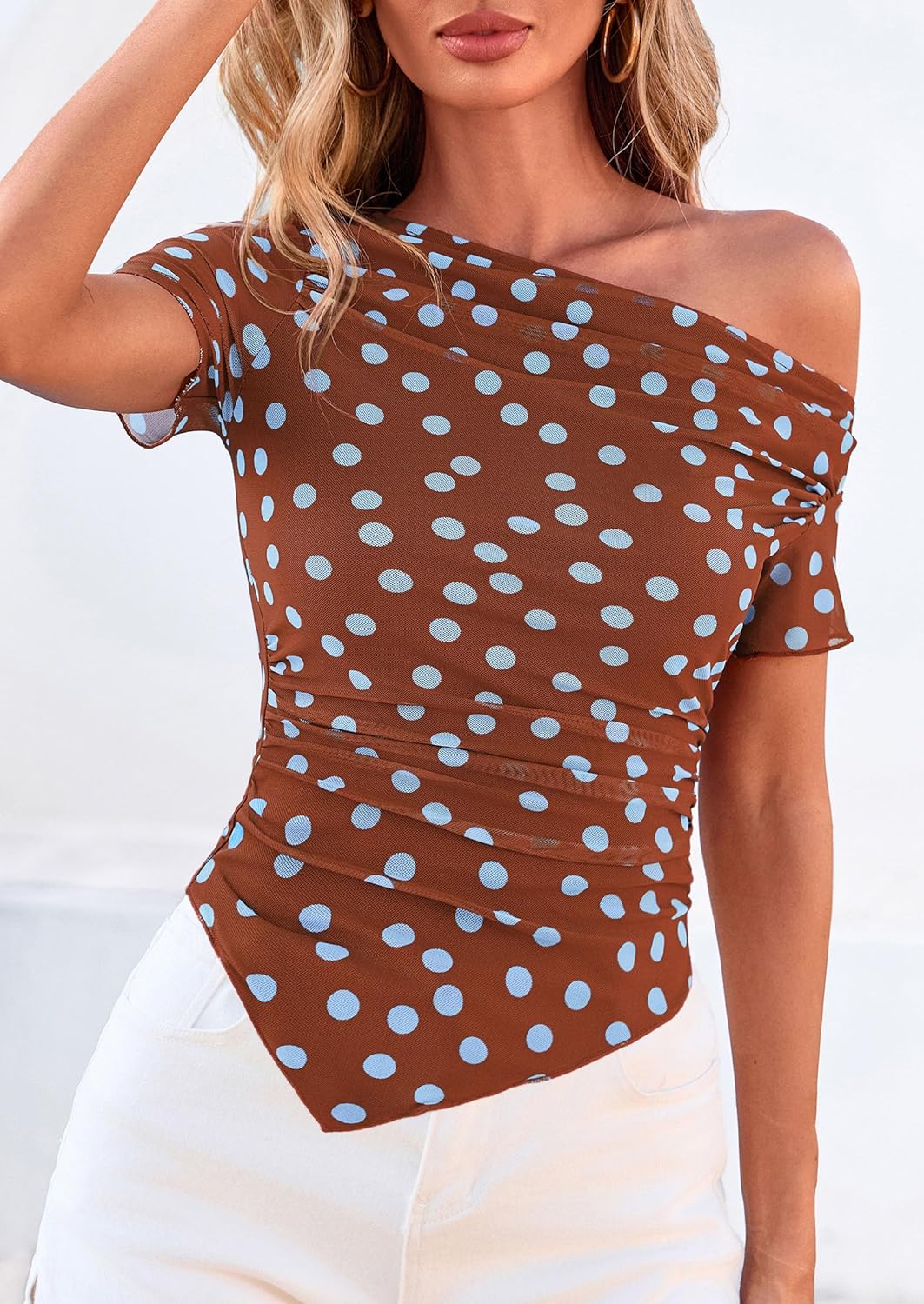 PRETTYGARDEN Womens Summer Off The Shoulder Tops 2026 Spring Short Sleeve Mesh Tie Dye Shirt Ruched Asymmetrical Y2k Clothes - Image 7