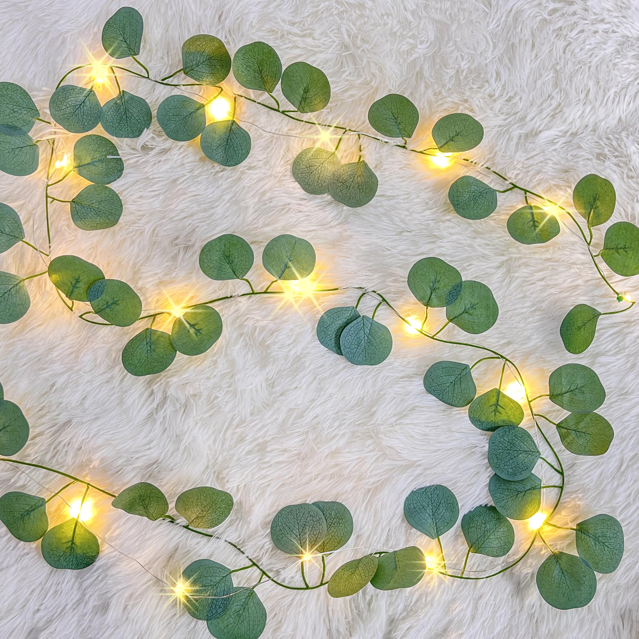 2 Pack 6.56Ft Eucalyptus Garland with 20 LED Fairy String Lights, Eucalyptus Vine Artificial Ivy Leaf Garland Fake Green Leaves Hanging Vine Decoration for Indoor, Outdoor, Kitchen, Garden, Wedding
