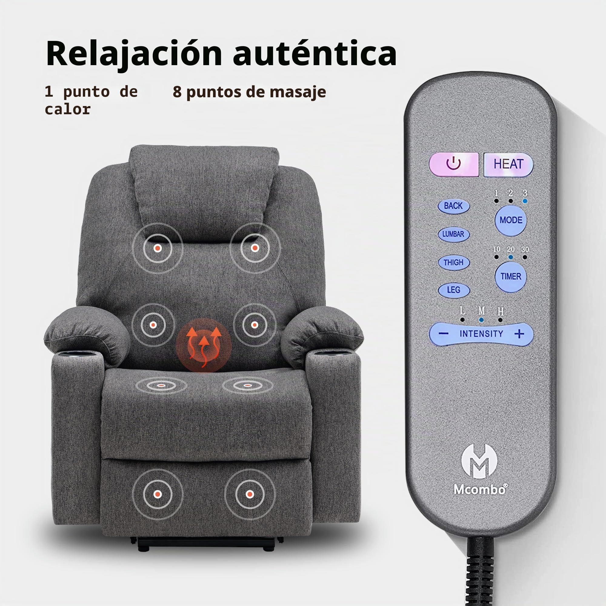 MCombo Sillón eléctrico para levantarse y relajarse, con calefacción, ajustable, conexión USB, color gris