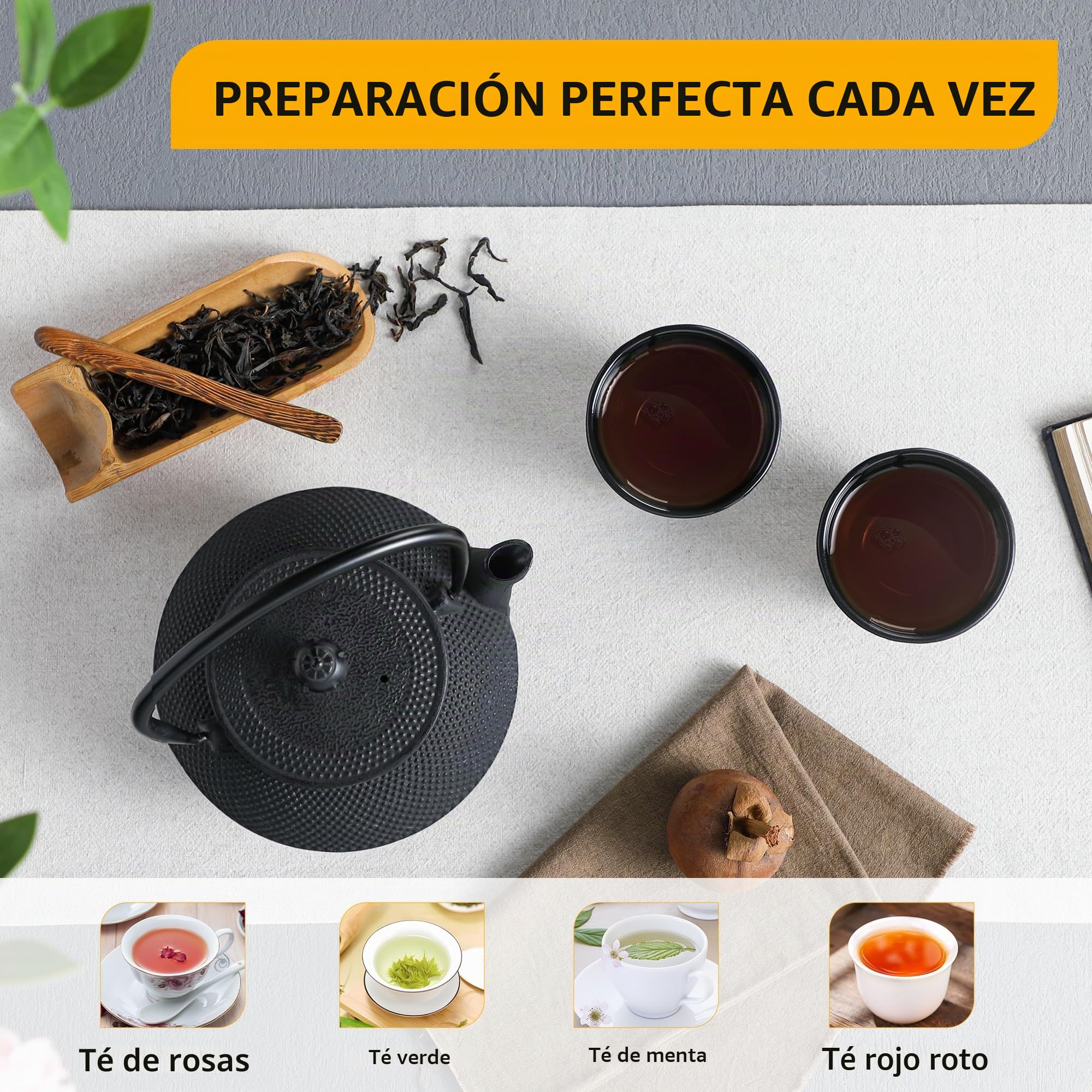 Velaze Juego de tetera de hierro, tetera tradicional japonesa Tetsubin de hierro fundido con infusor de acero inoxidable, diseño antiguo de puntos pequeños, 2 tazas de hierro y bandeja de soporte de